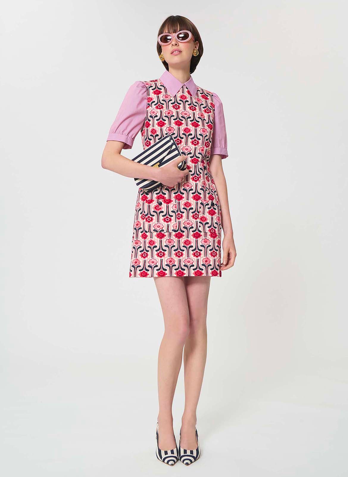 Robe courte col rond en coton mélangé imprimé TARA JARMON Rose