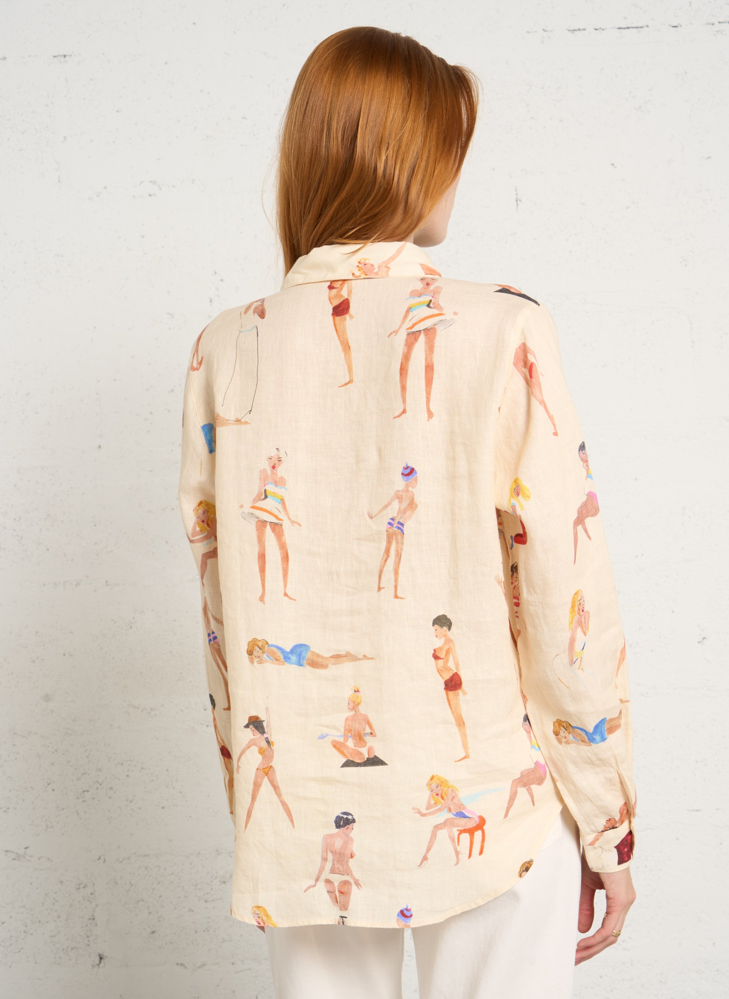 Rechte blouse met klassieke kraag en linnen print G.KERO Beige