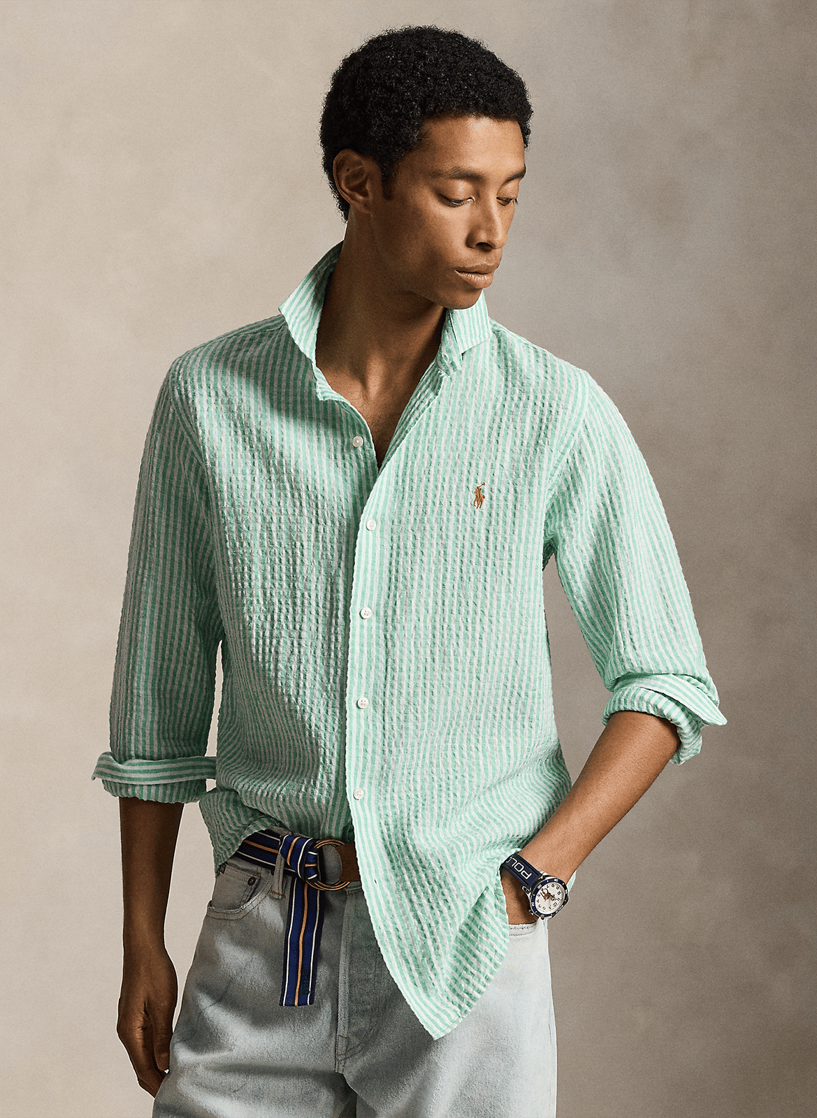 Straight classic collar shirt in striped linen and cotton POLO RALPH LAUREN Green