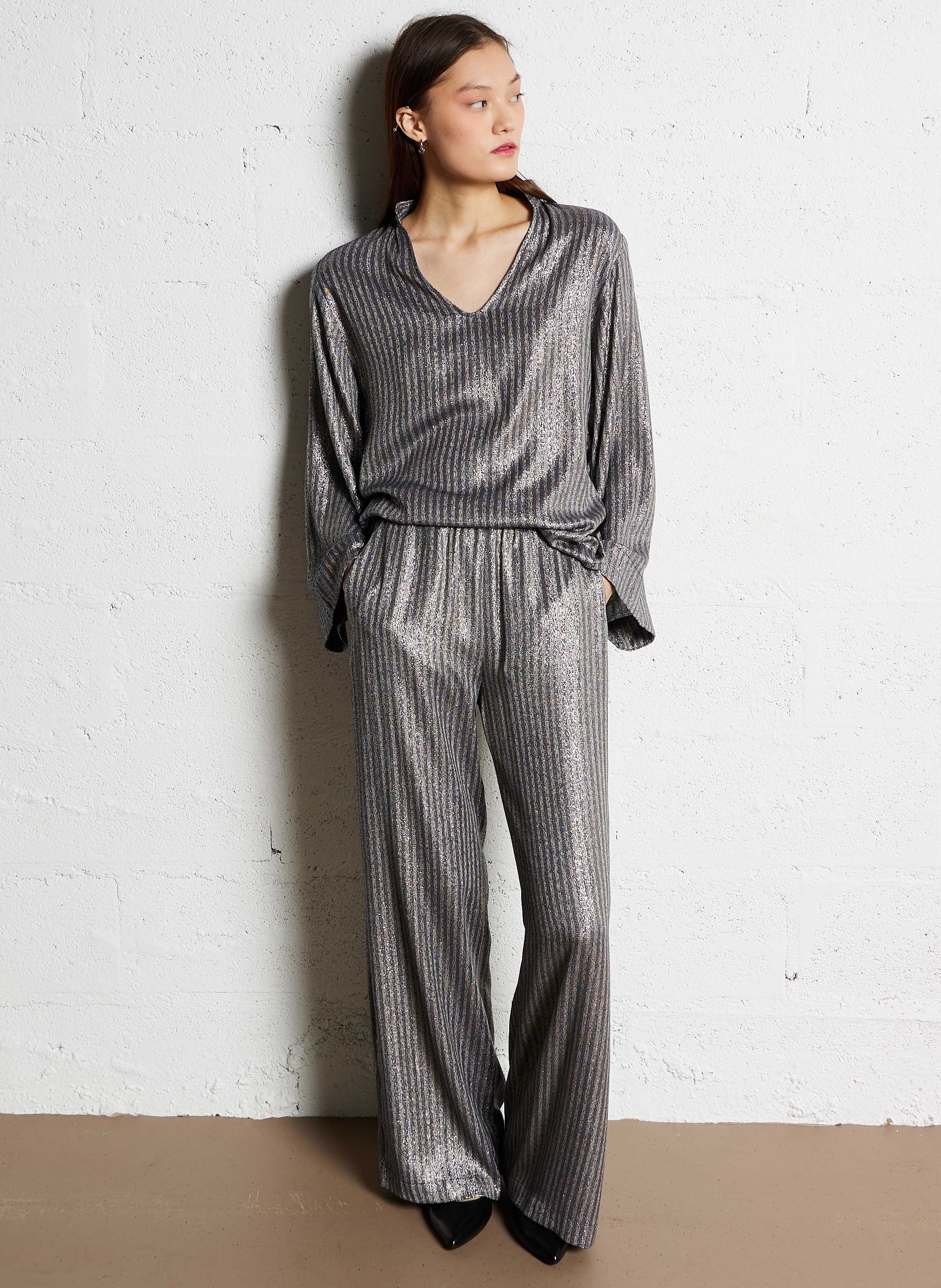 Oversized Long Sleeve Metallic Top DIEGA Beige