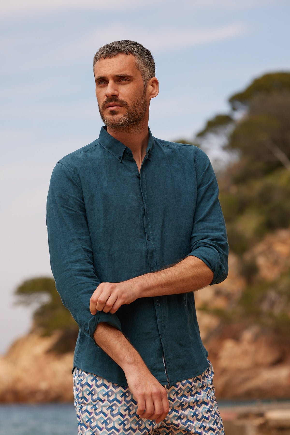 Linen shirt with lapel collar APNEE Blue