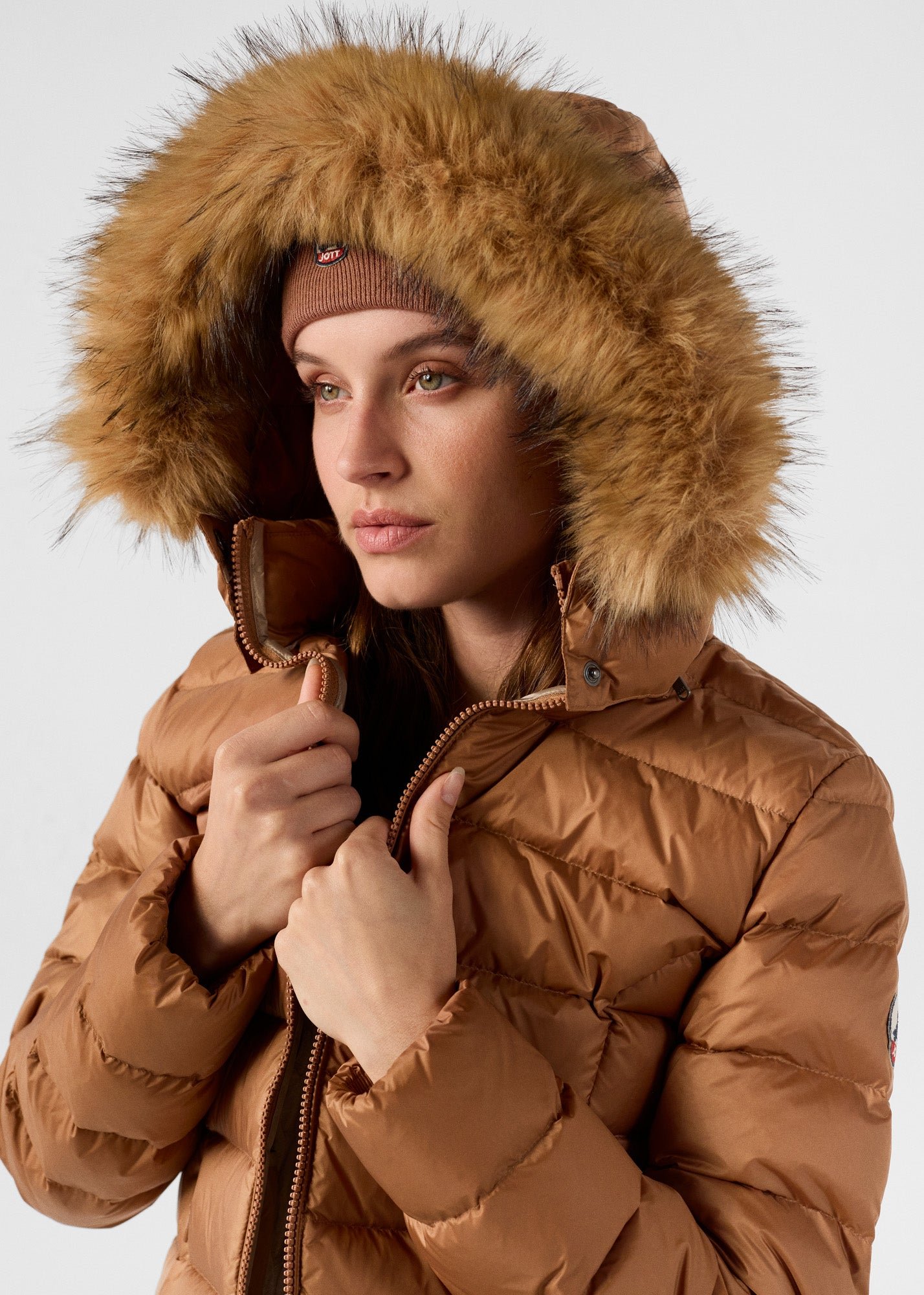 Luxury cold weather hooded puffer coat JOTT Brown