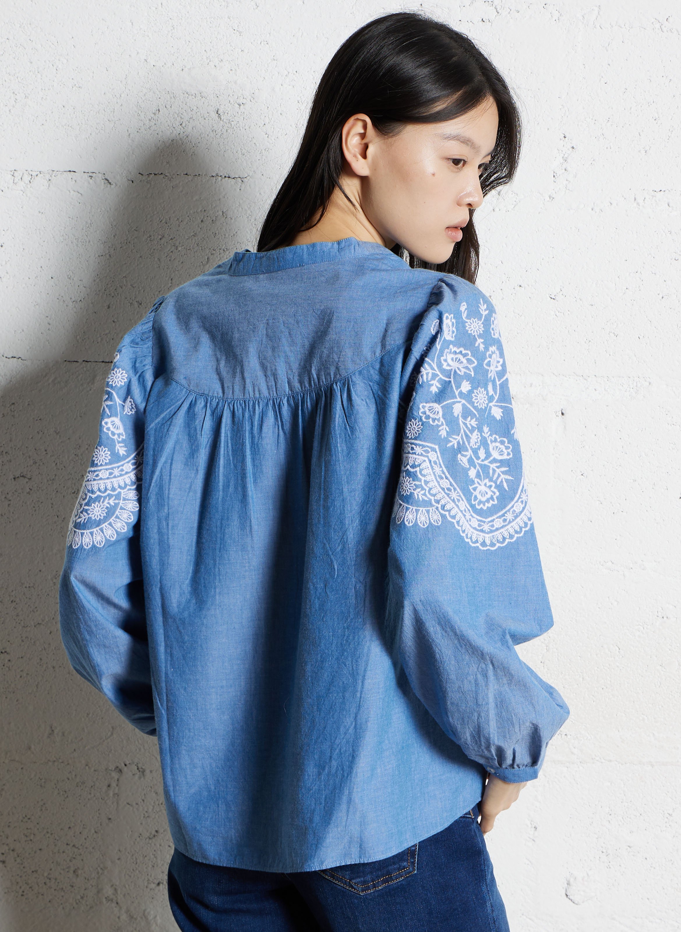 Chemisier ample col tunisien en coton SUD EXPRESS Bleu