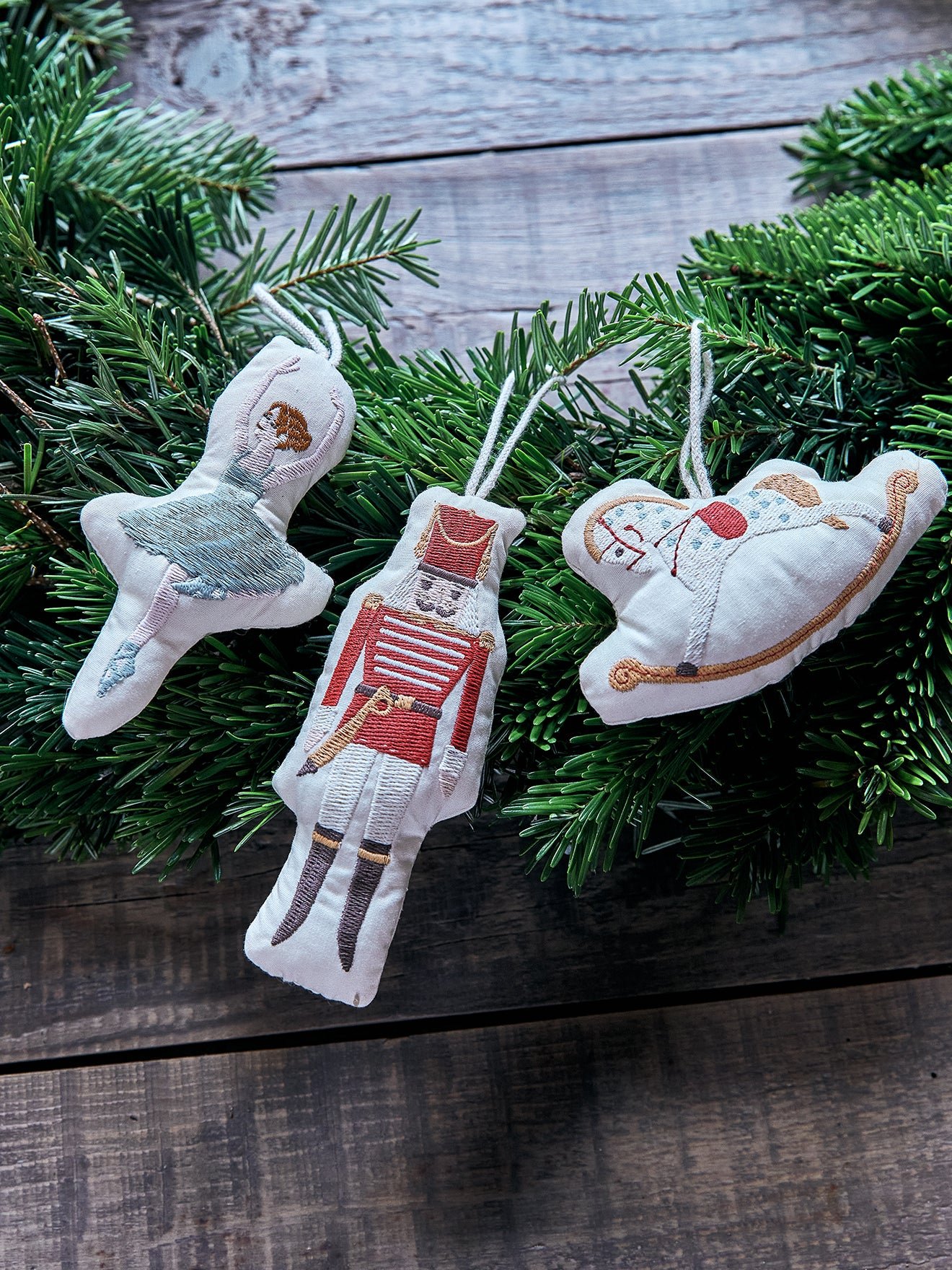 Nutcracker cotton Christmas tree decorations set of 3 CYRILLUS White