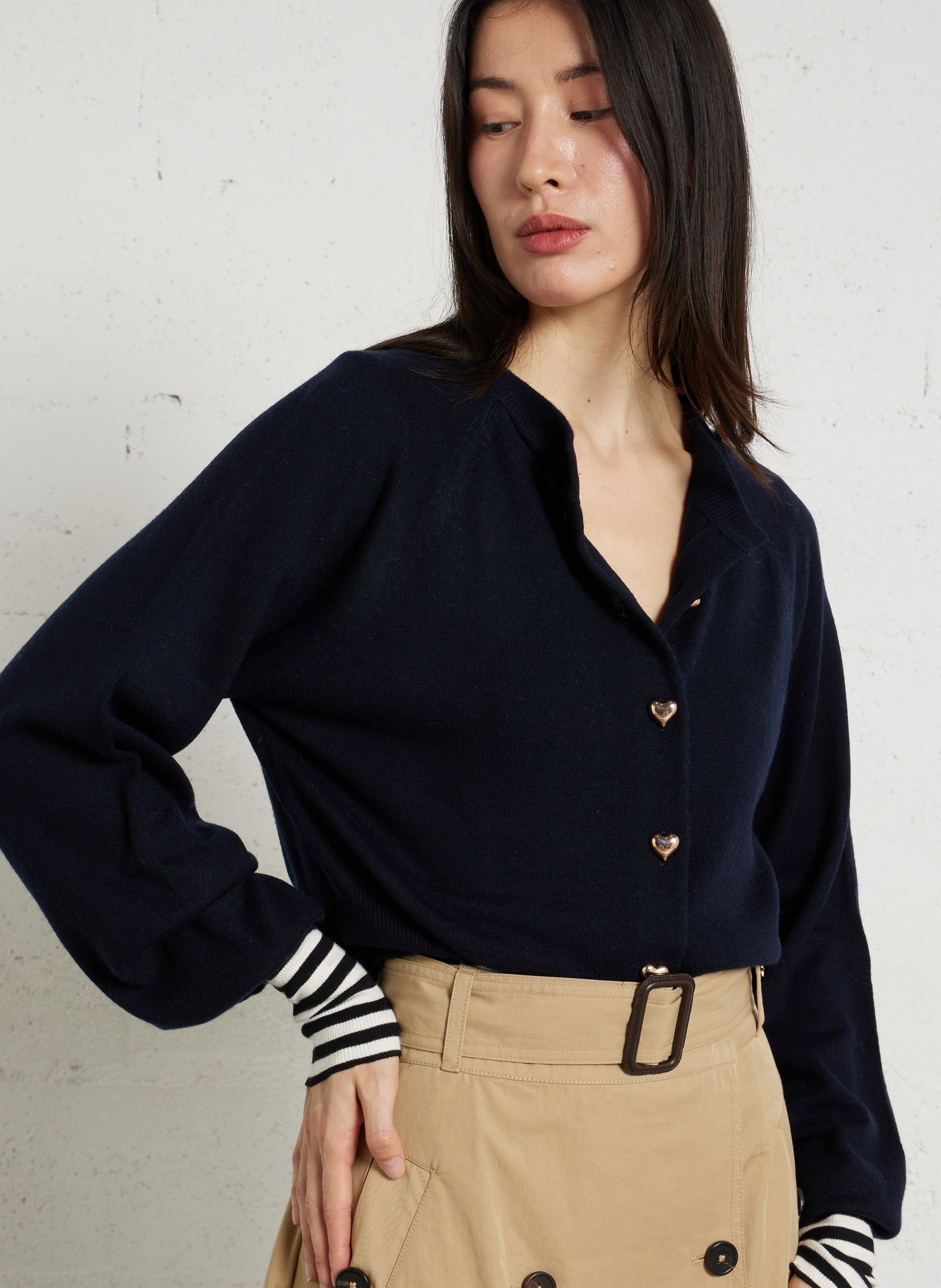 Straight round-neck merino wool cardigan DES PETITS HAUTS Blue