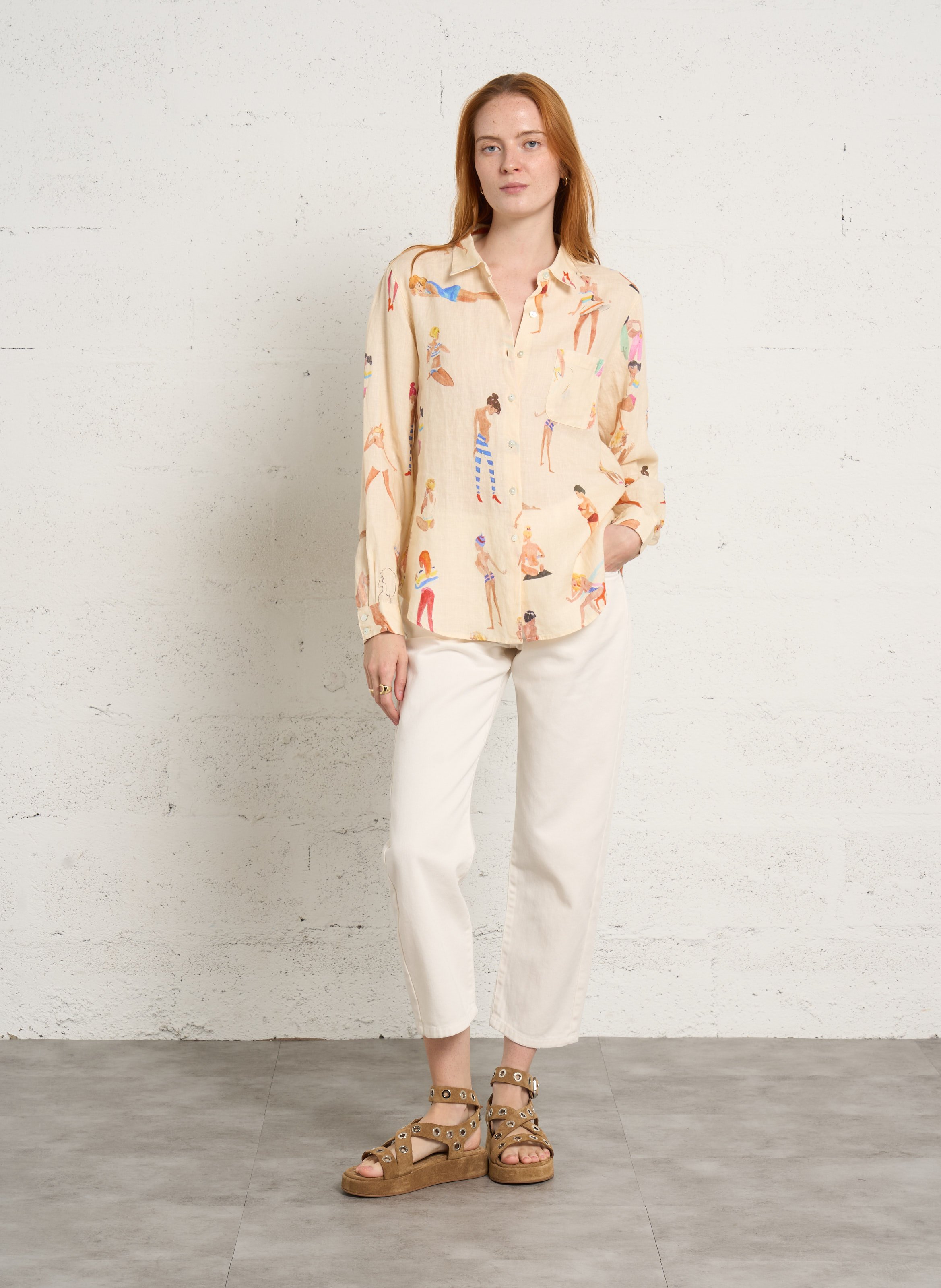 Rechte blouse met klassieke kraag en linnen print G.KERO Beige