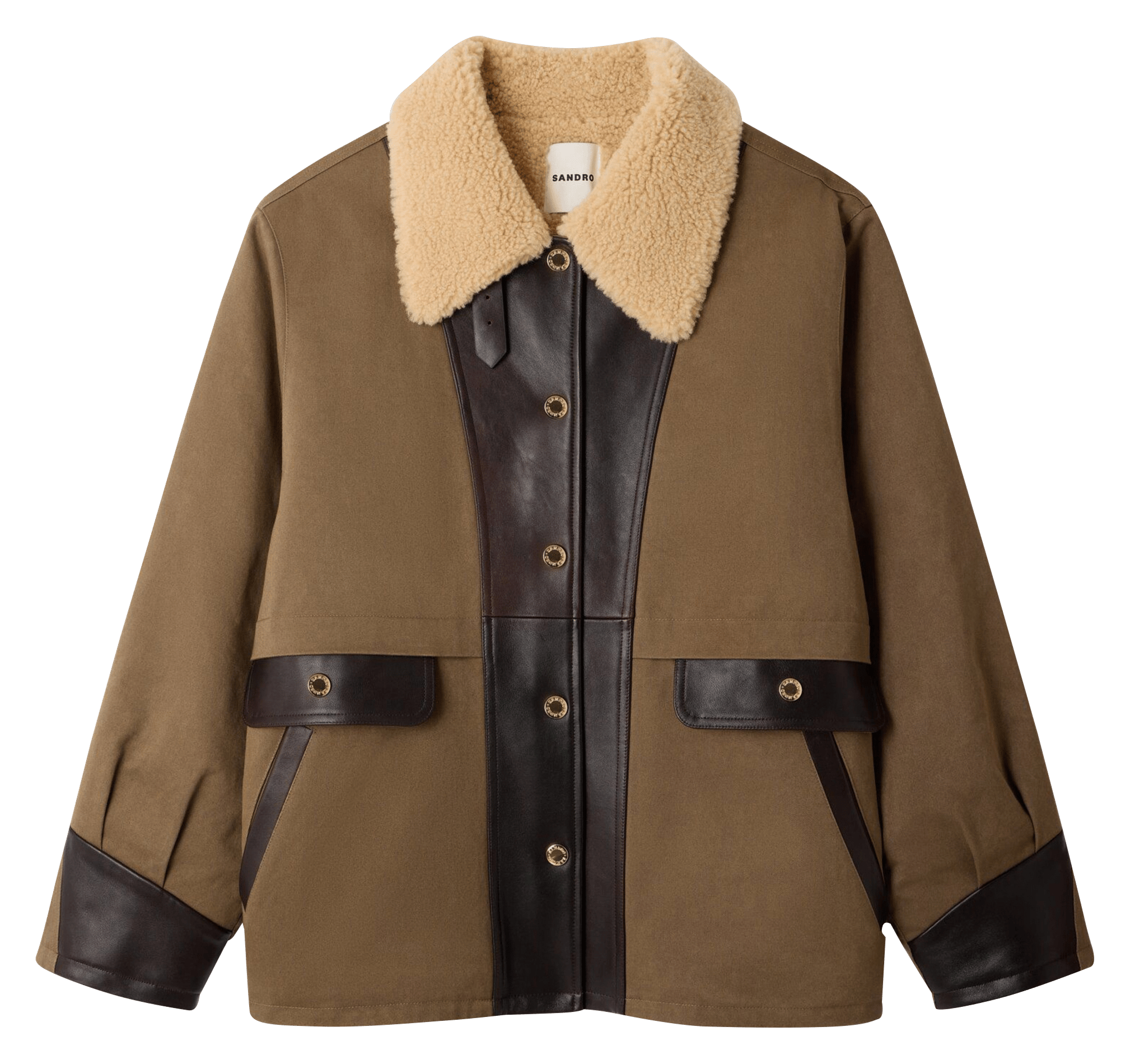 Manteau droit col sherpa en laine  SANDRO Kaki
