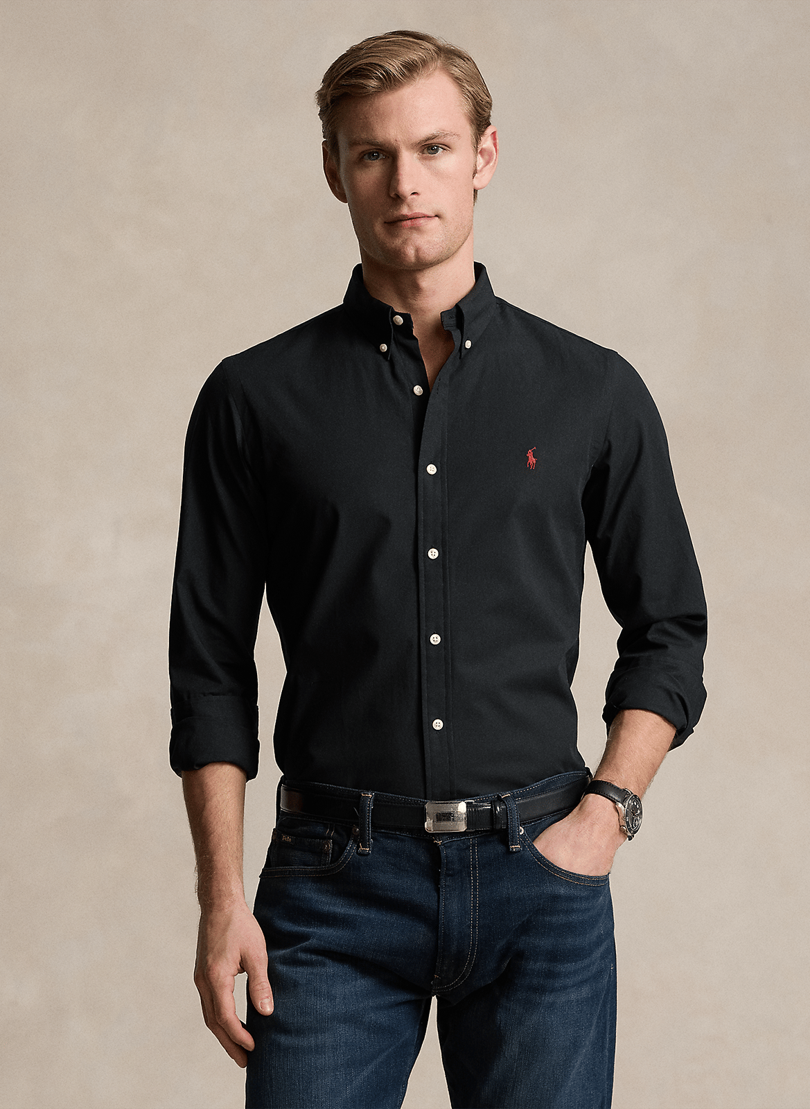 Slim-fit overhemd van katoenmix POLO RALPH LAUREN Zwart