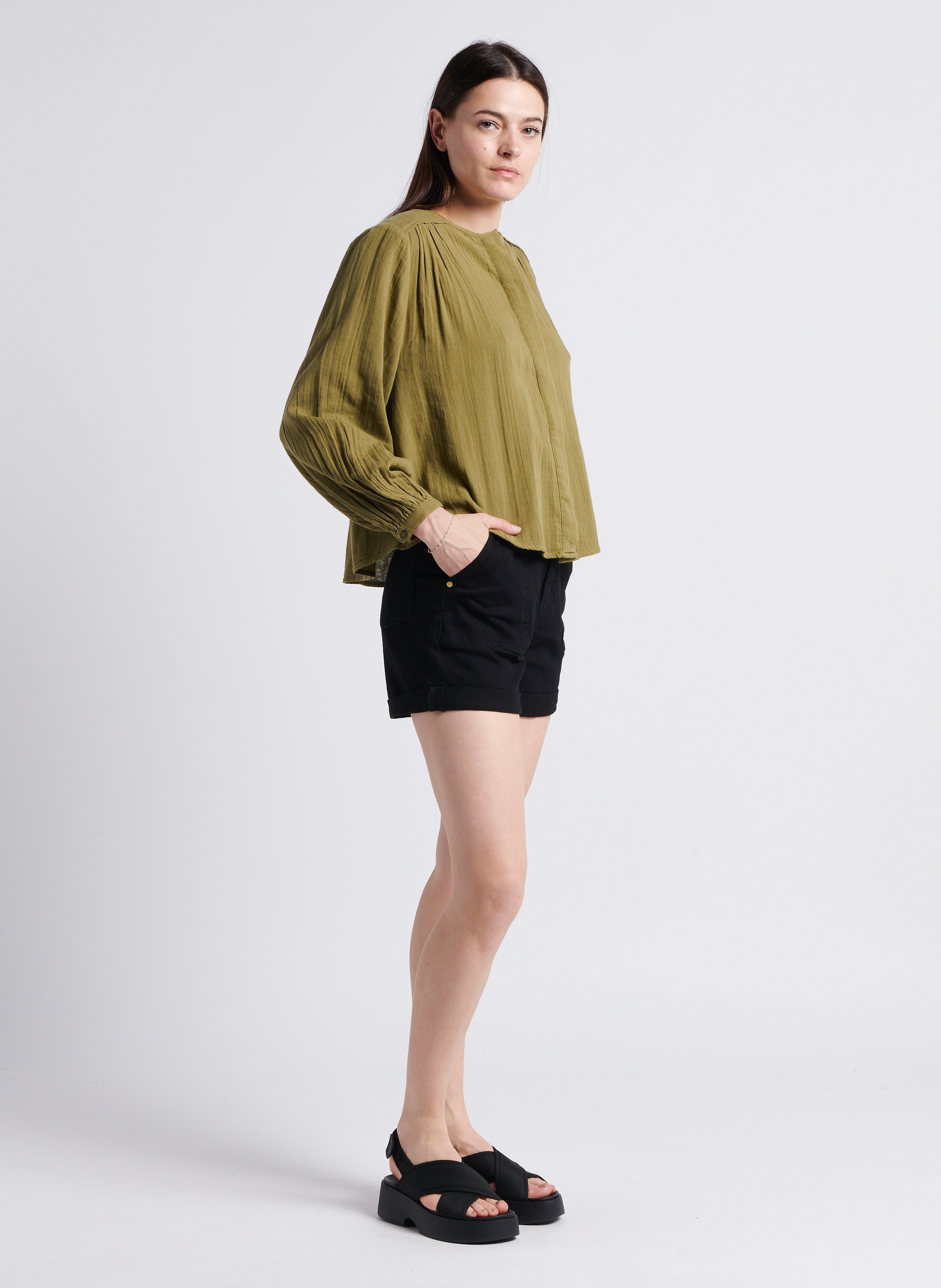 Chemise ample col rond en coton LA PETITE ETOILE Kaki