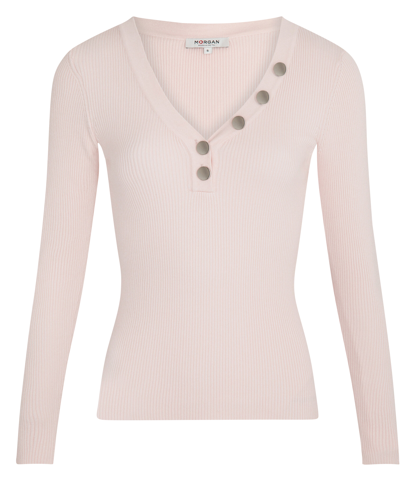 Pull col V boutonné en maille côtelée MORGAN Rose