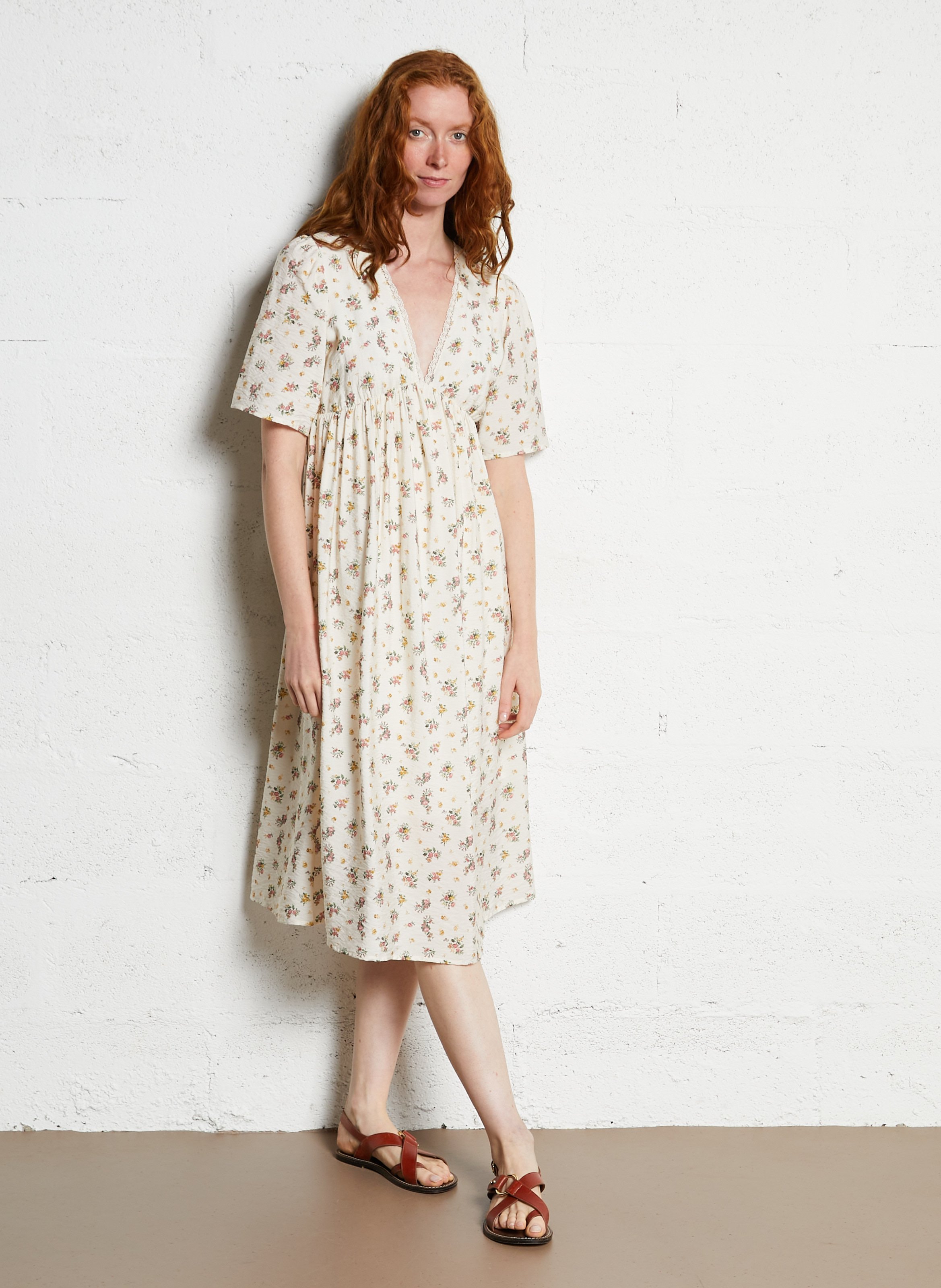 Robe longue col V  EMILE ET IDA Beige