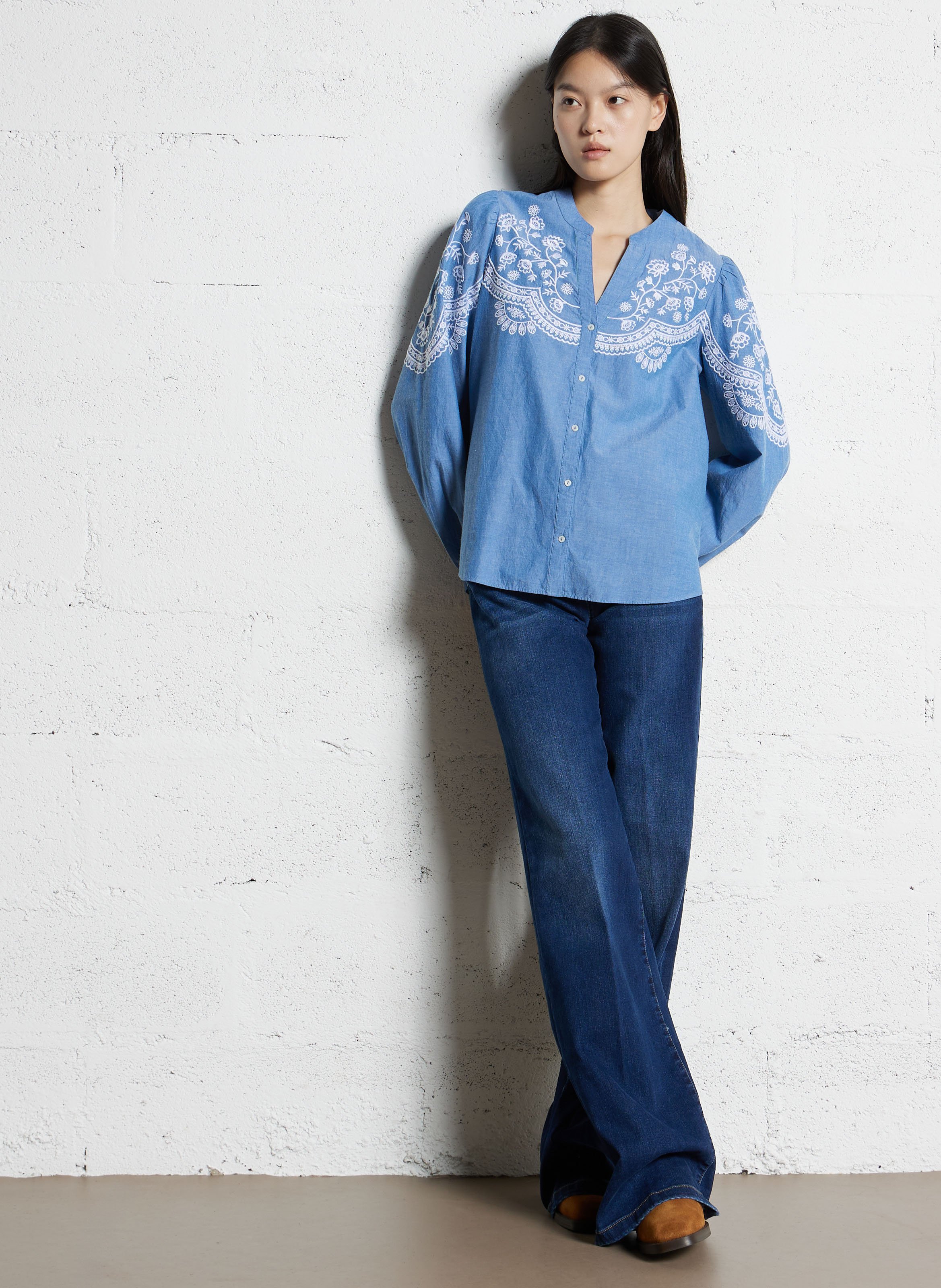 Chemisier ample col tunisien en coton SUD EXPRESS Bleu