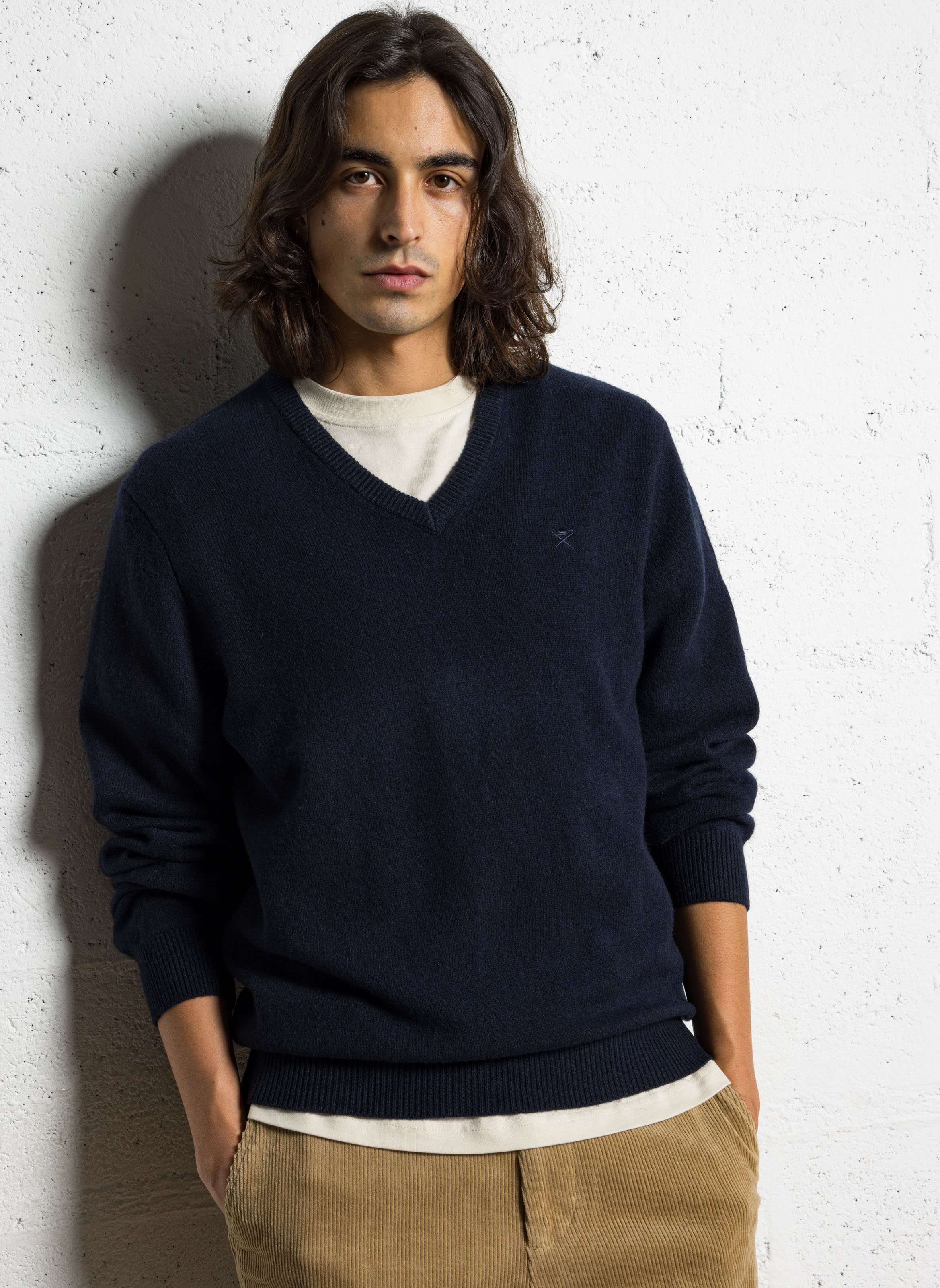 Einfarbiges Woll-V-Ausschnitt-Pullover HACKETT