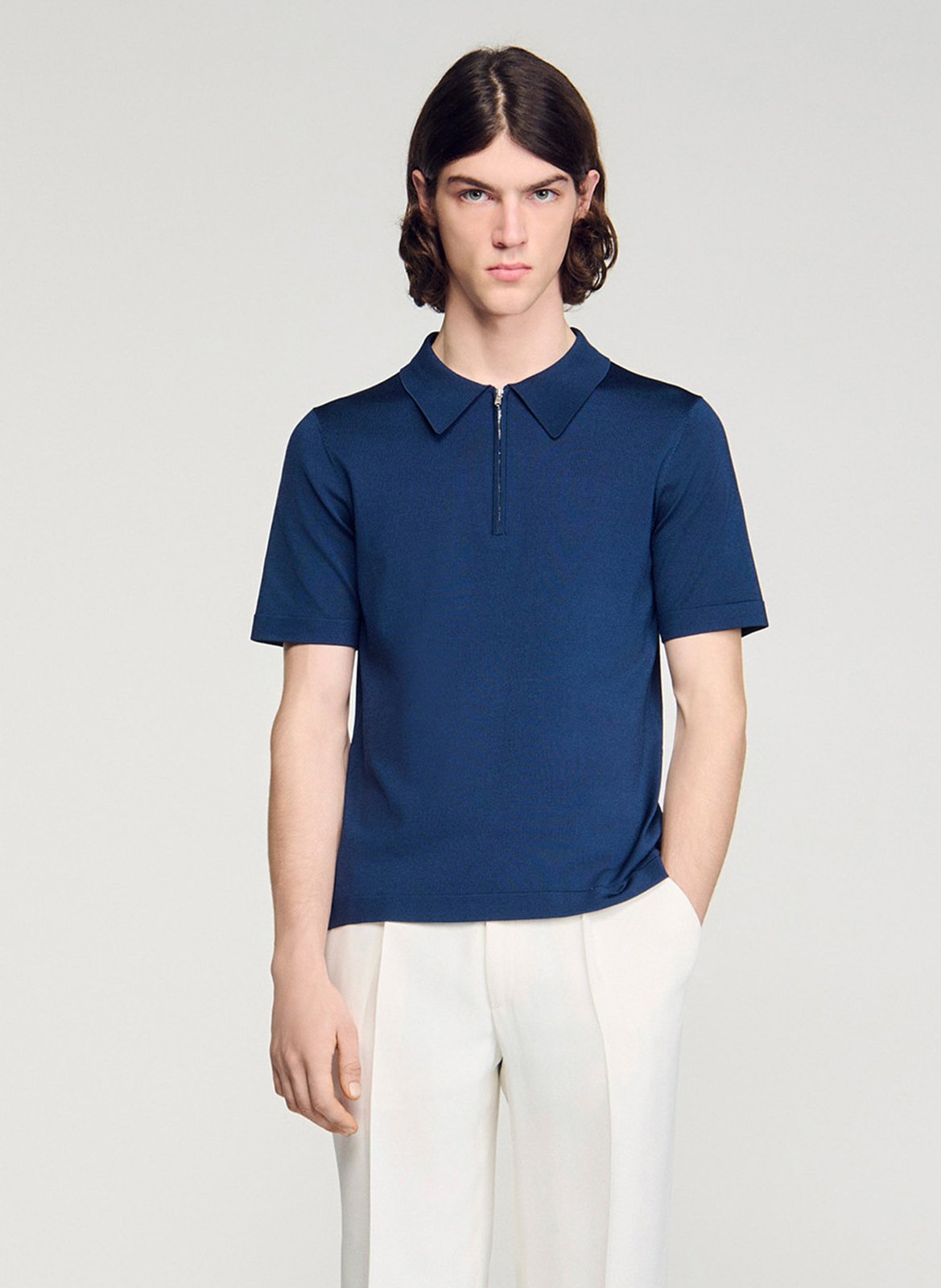 T-shirt manches courtes à col polo zippé Bleu