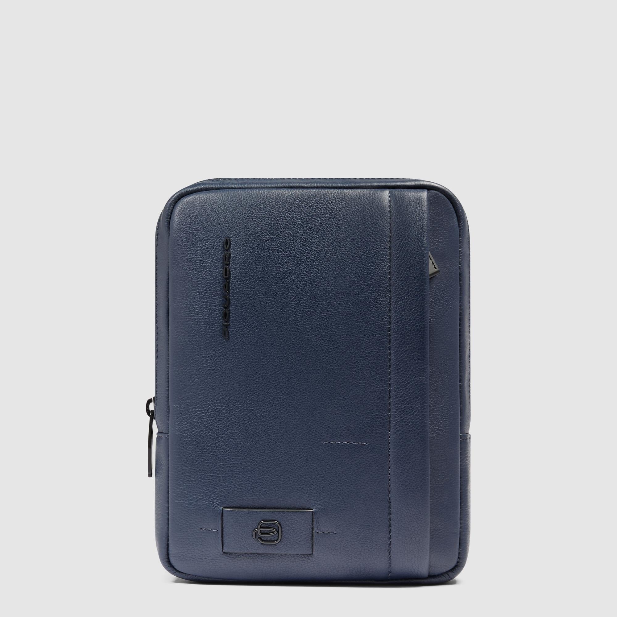 Men's crossbody bag for iPad® mini in leather with RFID protection, small size PIQUADRO Blue