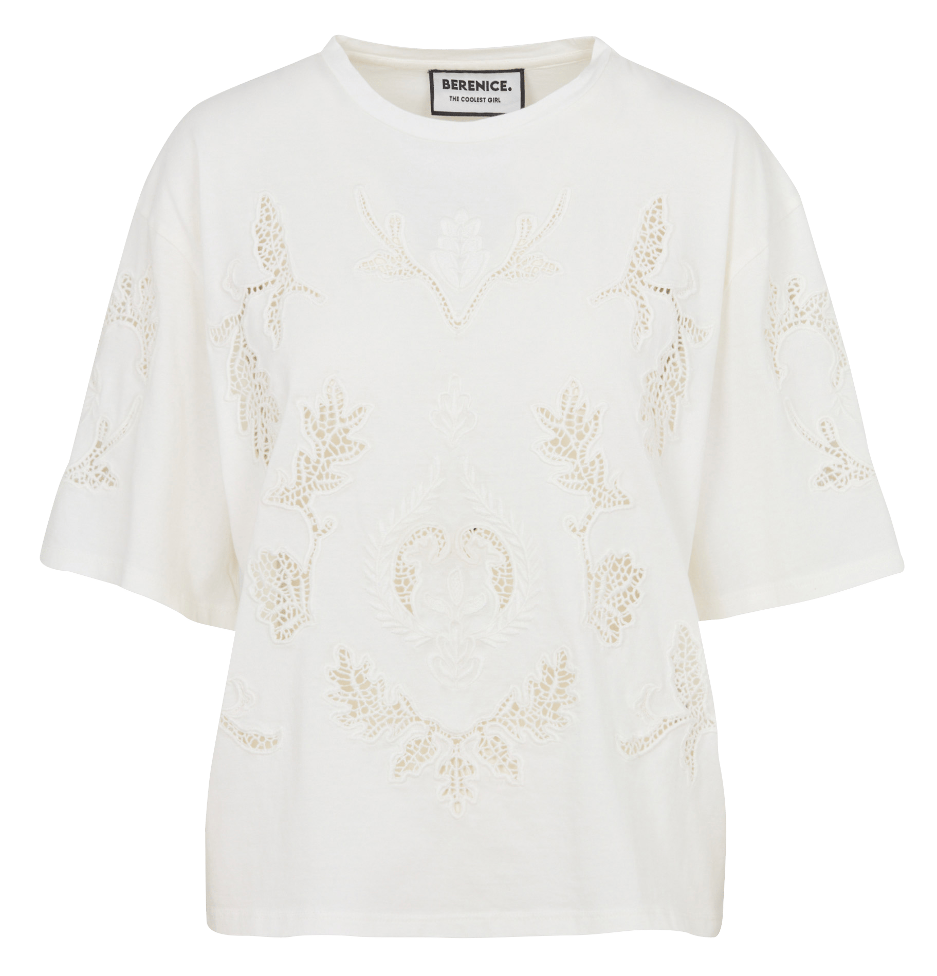 Top droit col rond en coton brodé BERENICE Blanc