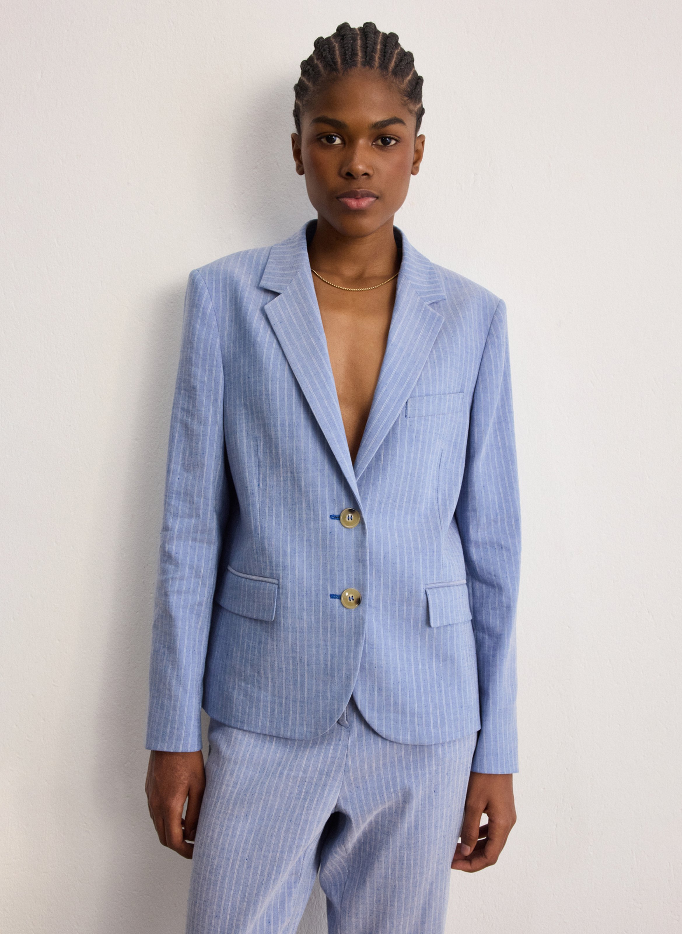 Veste col tailleur en lin mélangé PABLO Bleu