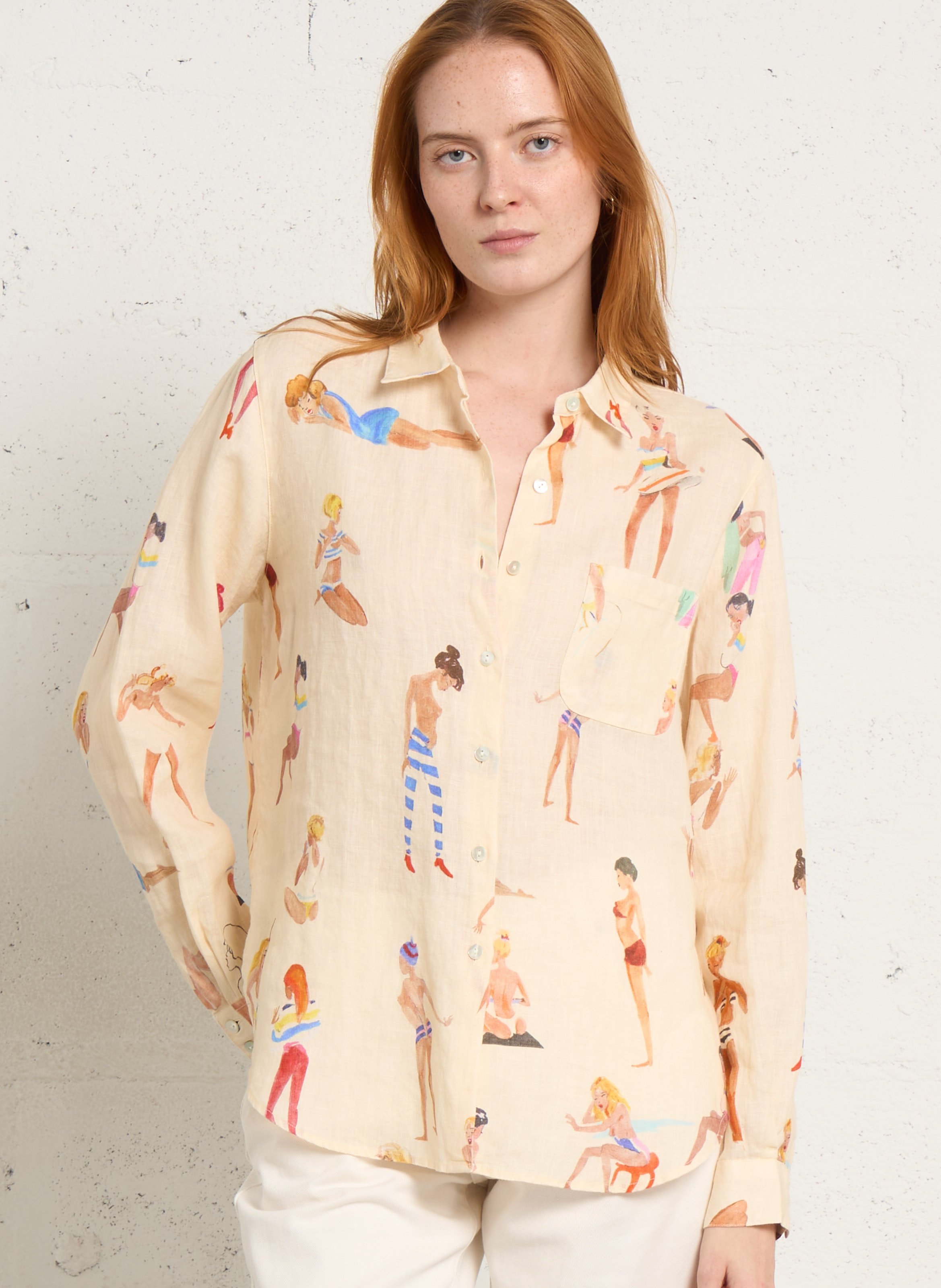 Rechte blouse met klassieke kraag en linnen print G.KERO Beige