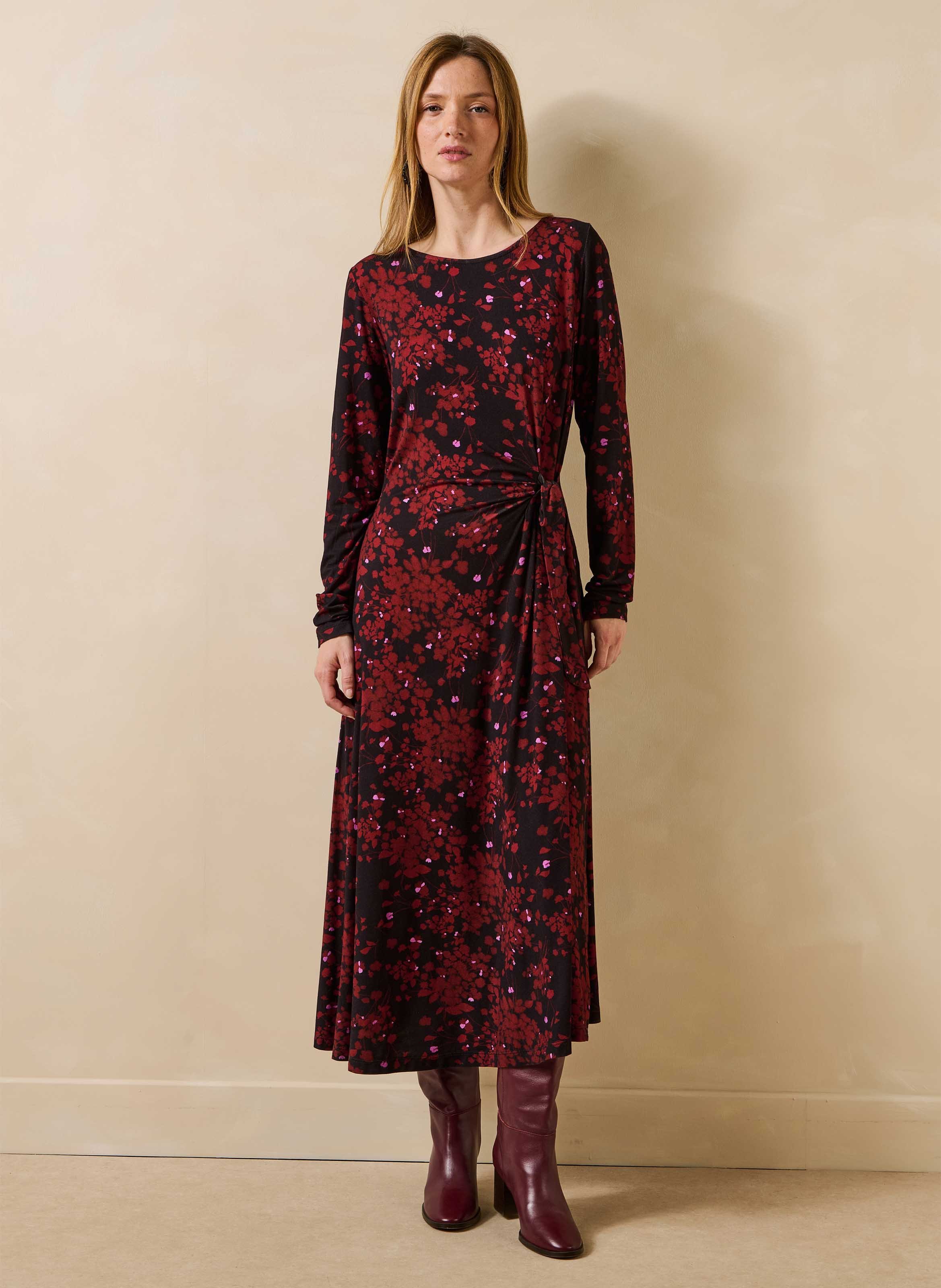 Long printed round-neck dress LA FEE MARABOUTEE Brown