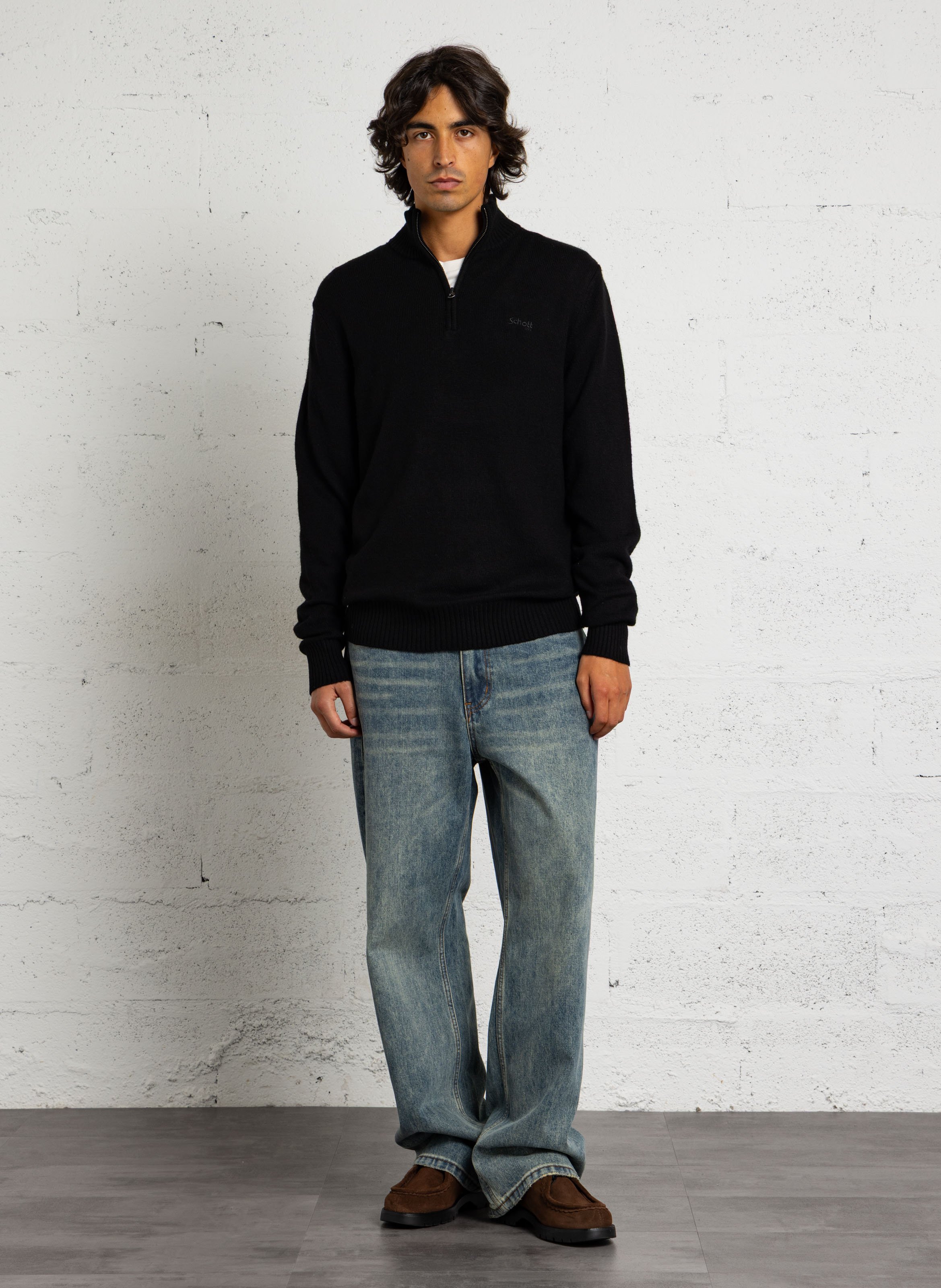 Straight wool blend high neck embroidered sweater SCHOTT Black