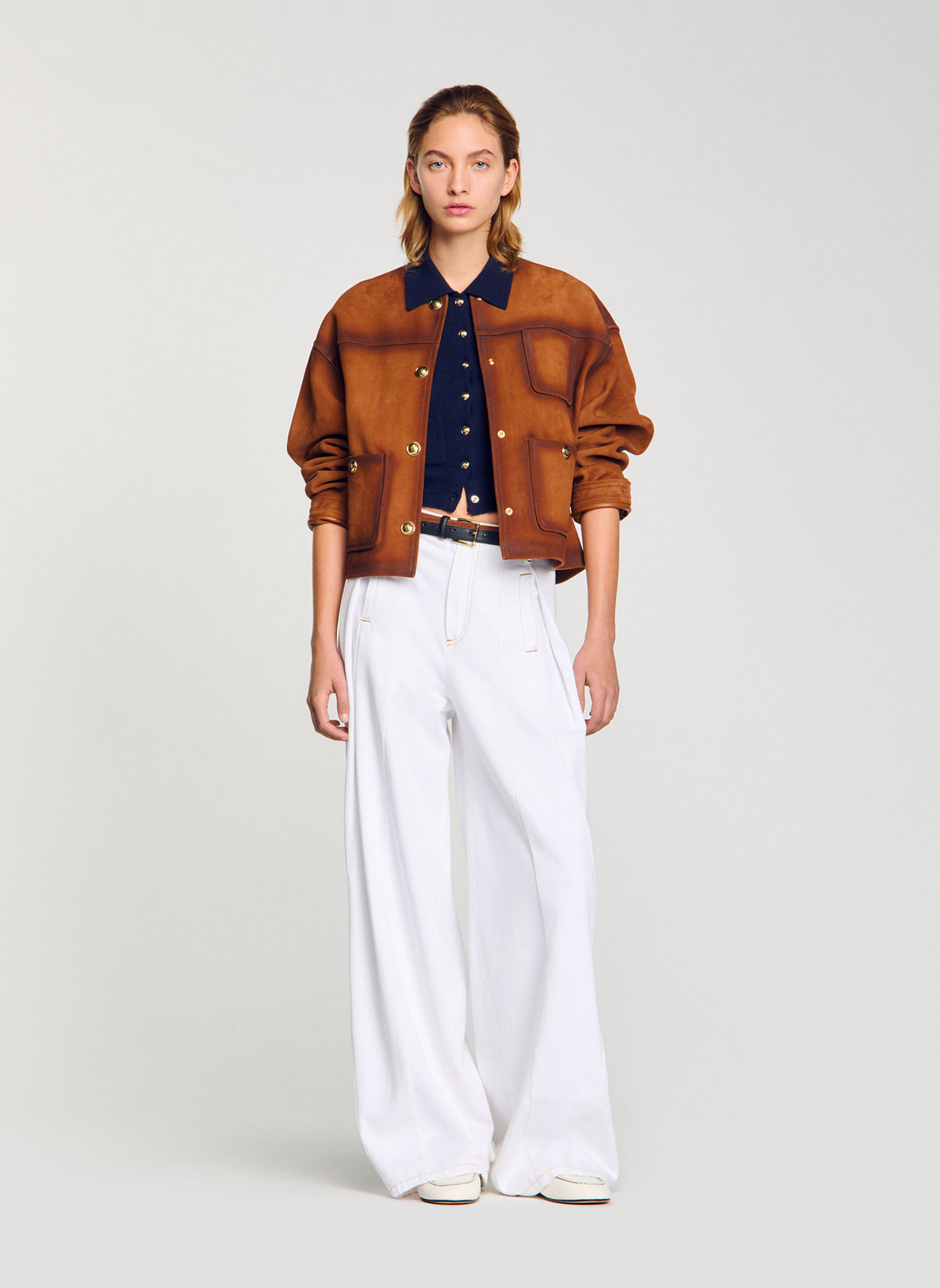 Jean large surpiqué en coton SANDRO Blanc