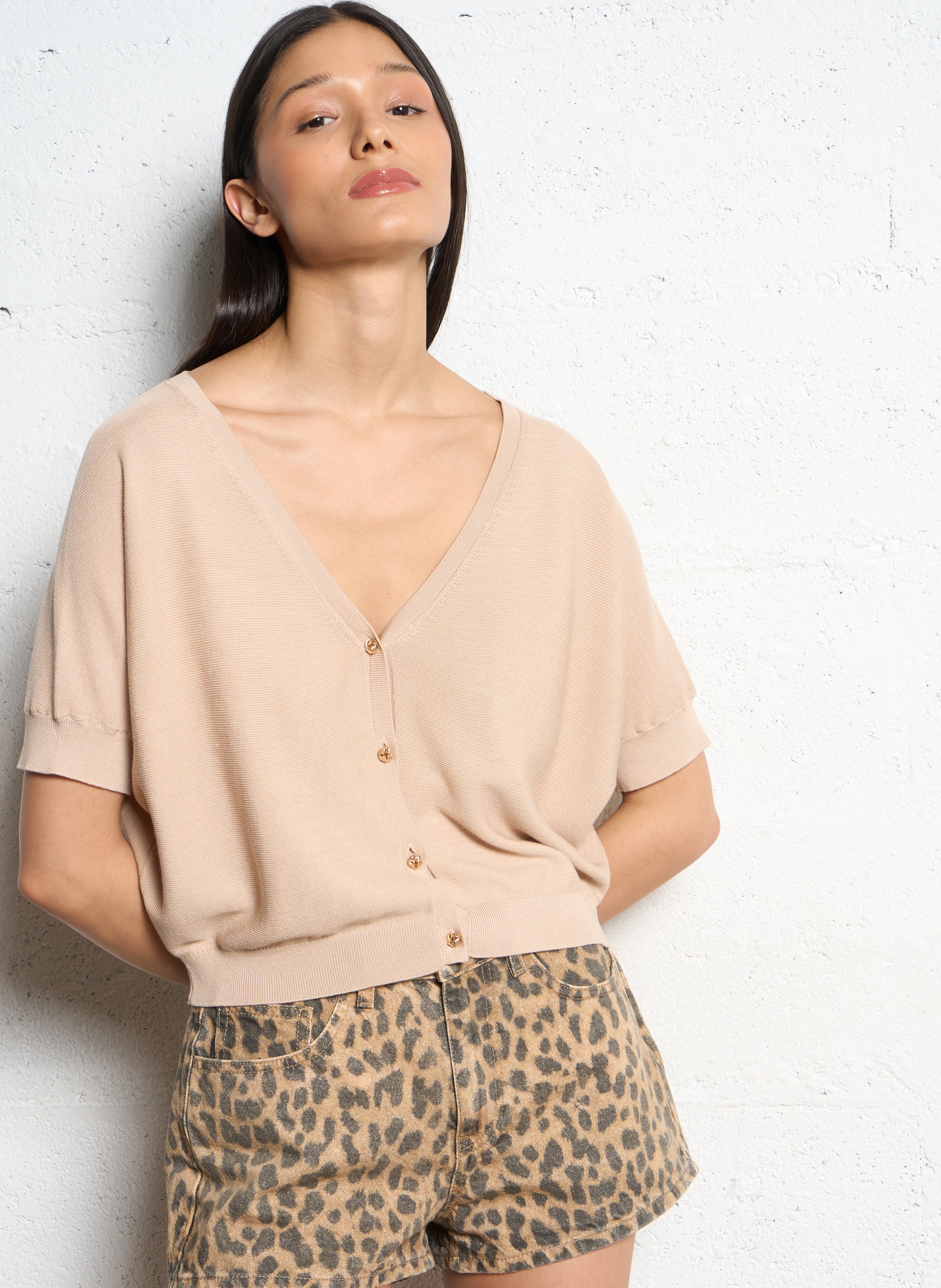 Katoenen vest met V-hals en lange mouwen BA&SH Beige