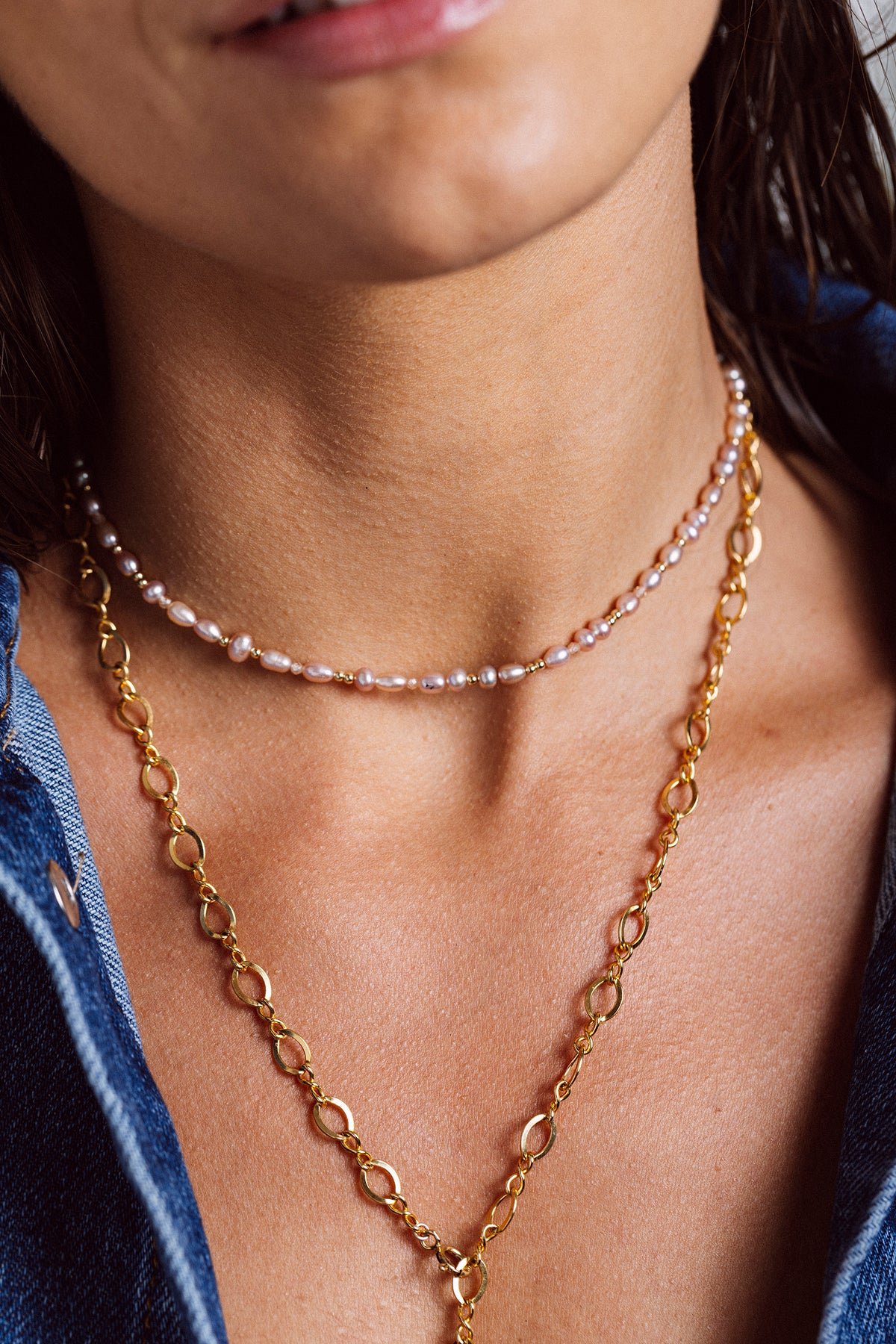 Rice grain necklace with pink pearl YAY Pink