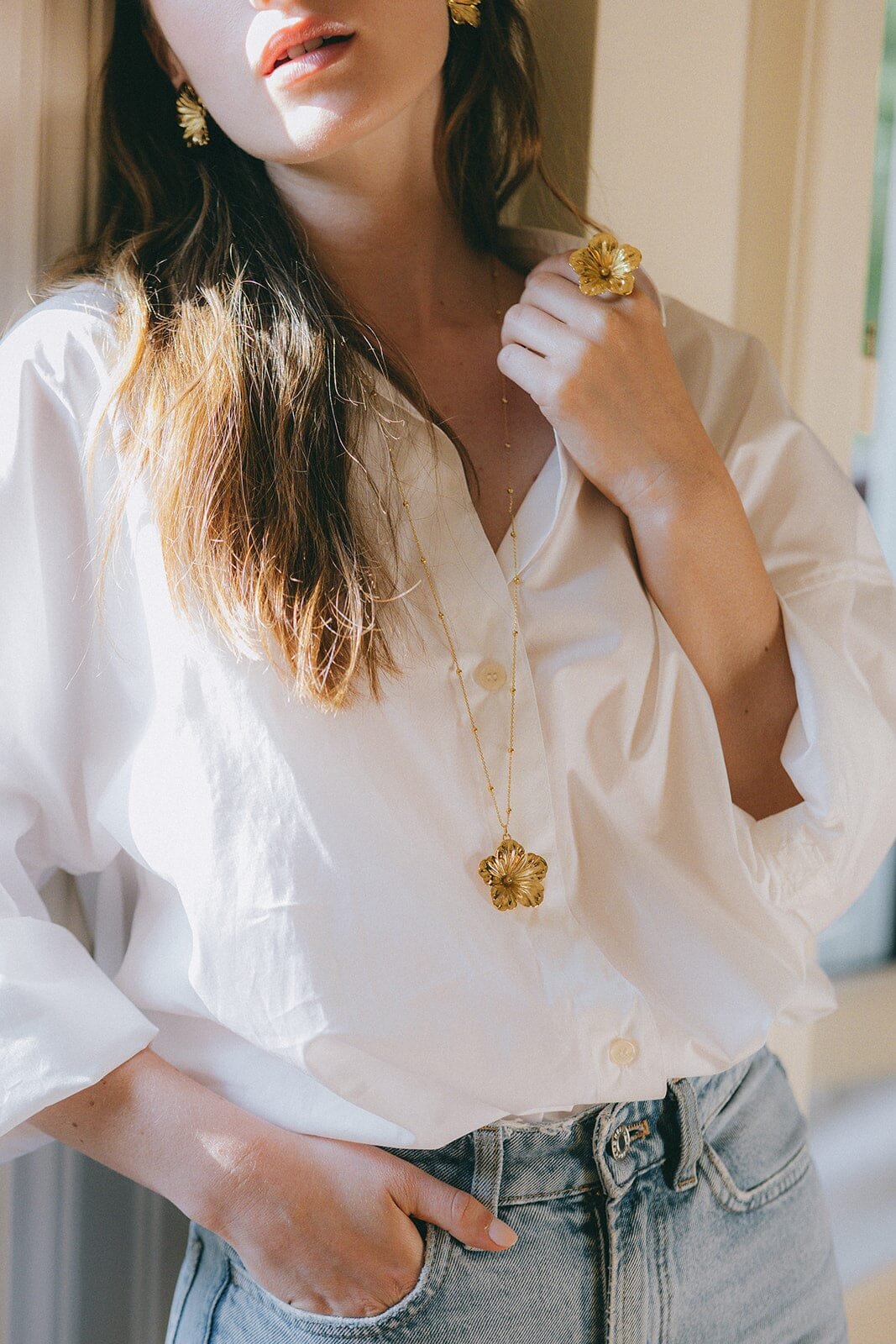 Golden flower long necklace in fine gold MONSIEUR SIMONE Golden