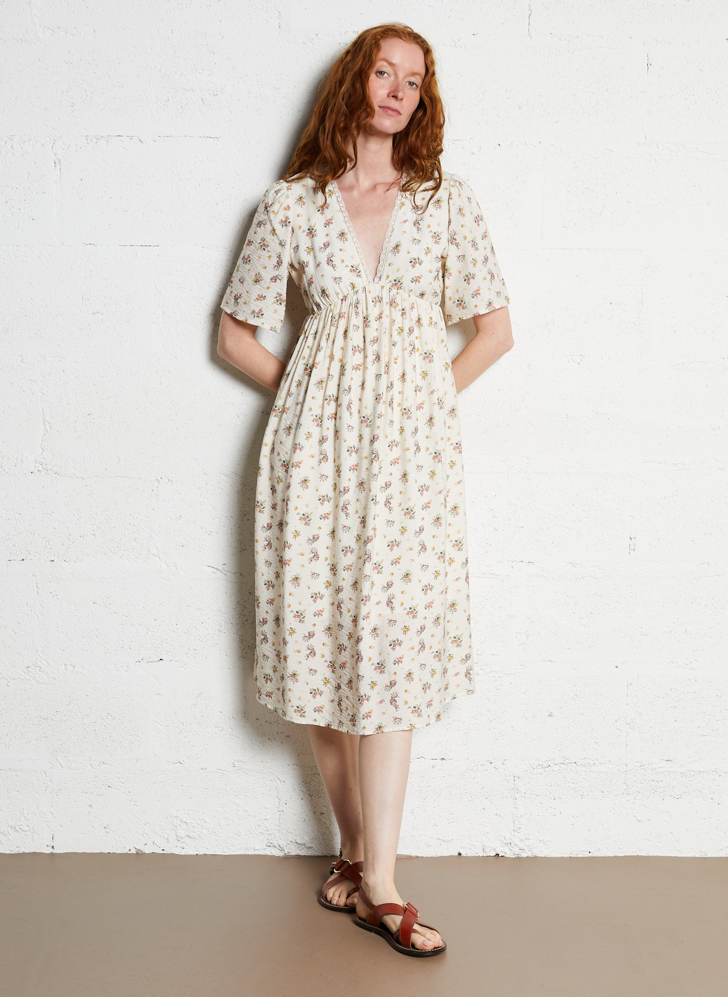 Robe longue col V  EMILE ET IDA Beige