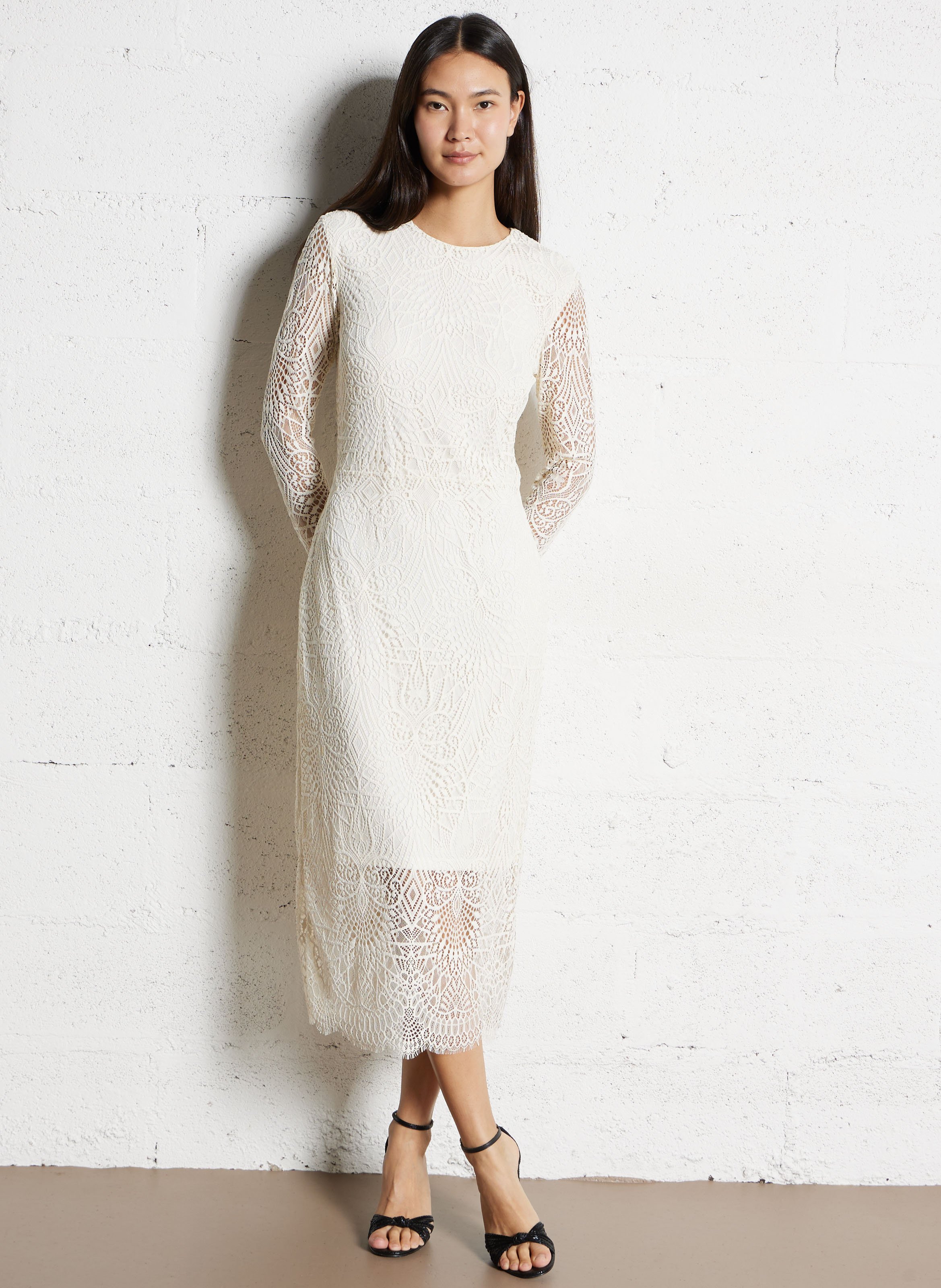 Lange jurk van kant met ronde hals IKKS Wit