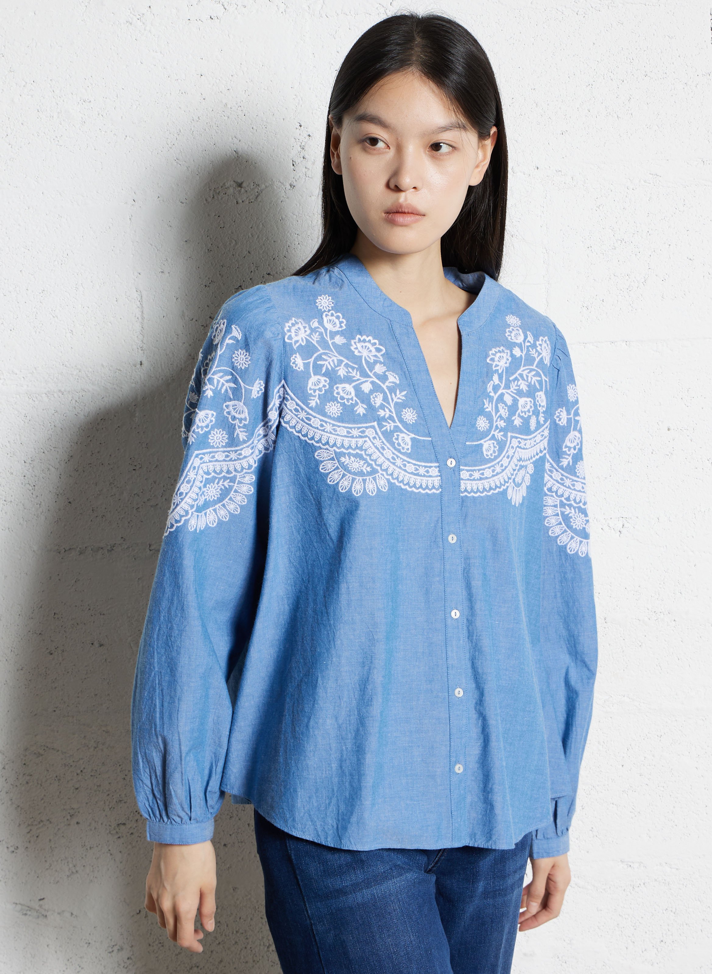 Chemisier ample col tunisien en coton SUD EXPRESS Bleu