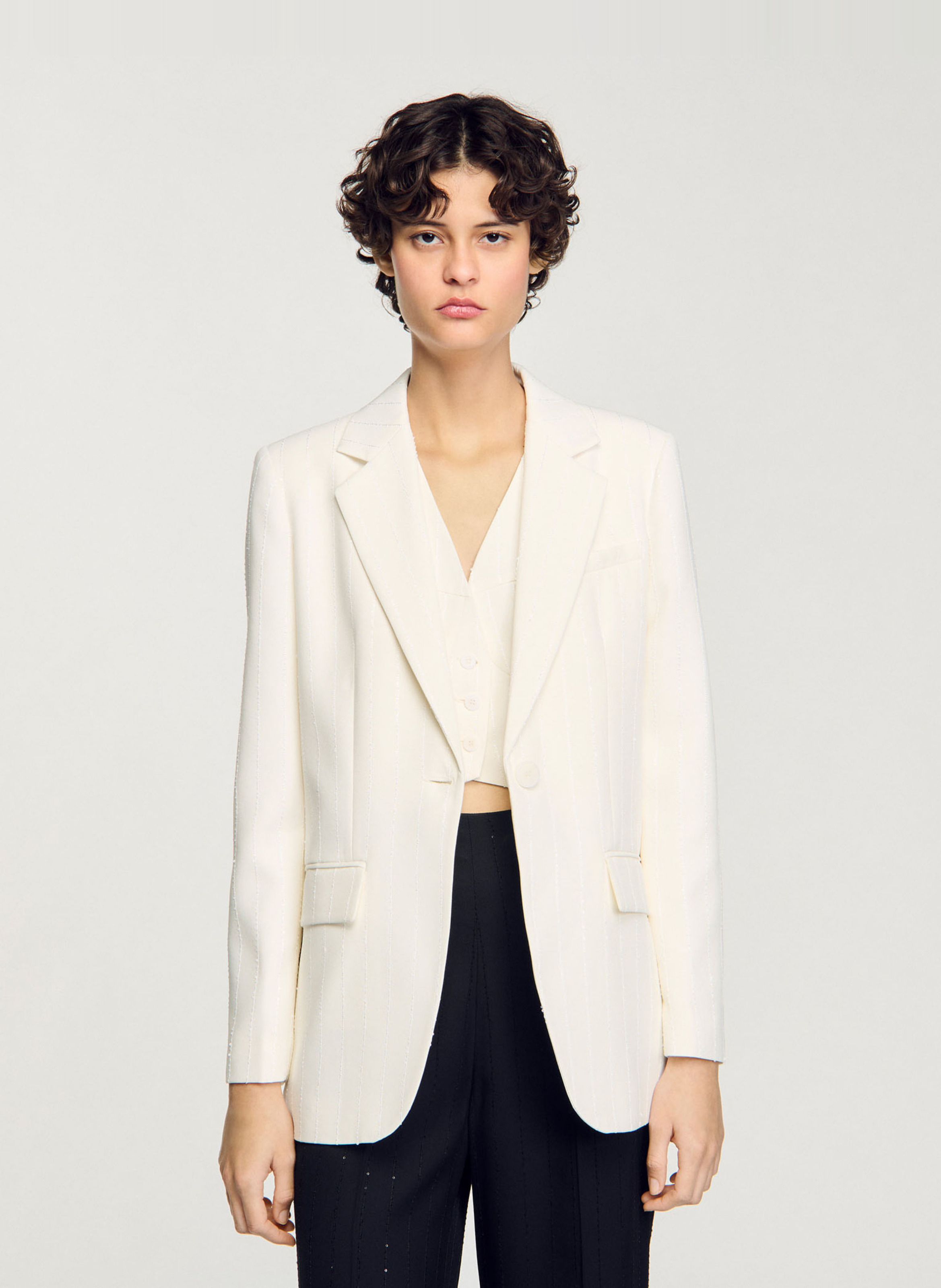 Veste tailleur rayée à sequins SANDRO Beige