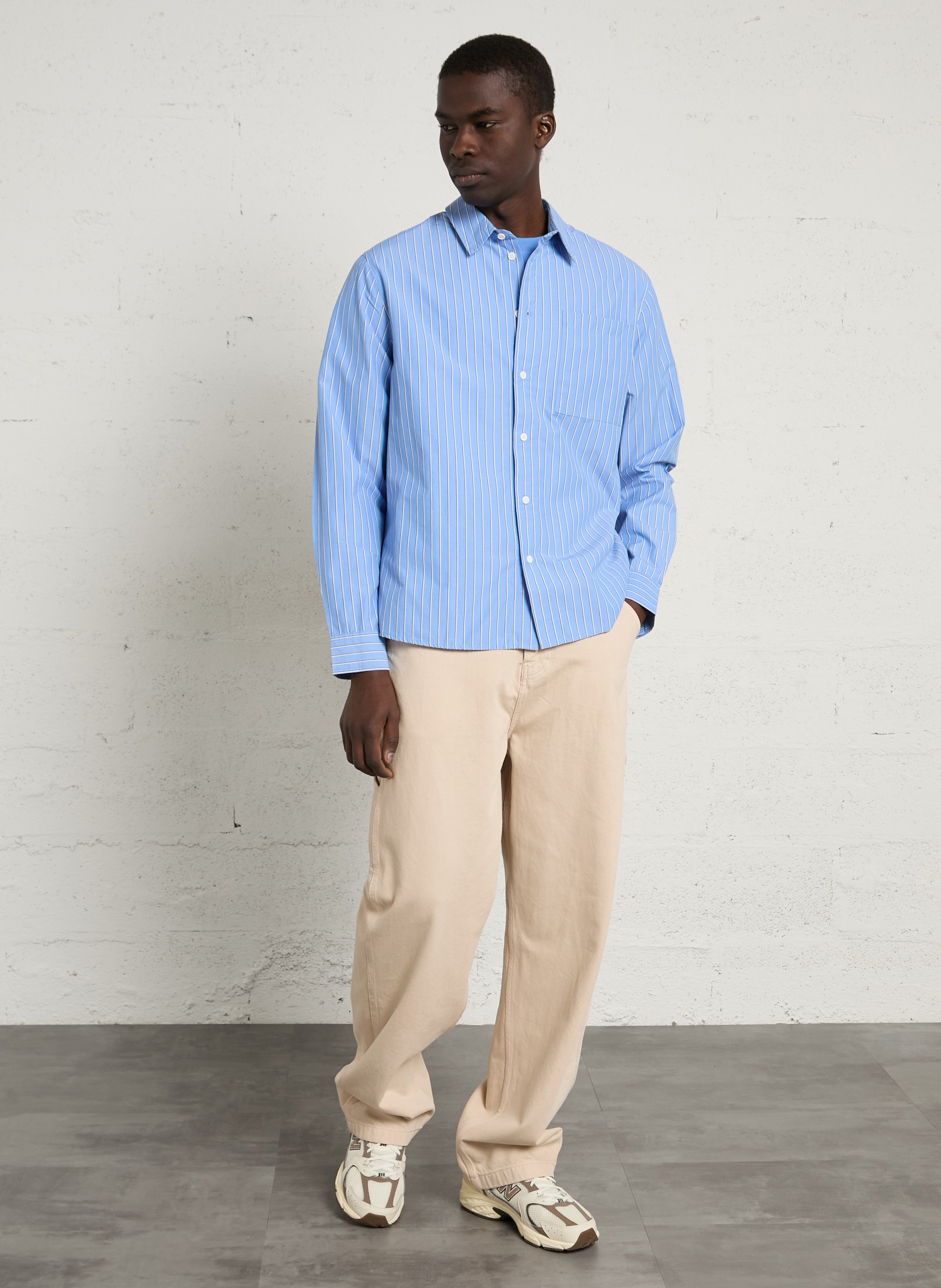 Cotton and linen shirt with classic collar SOLID Blue