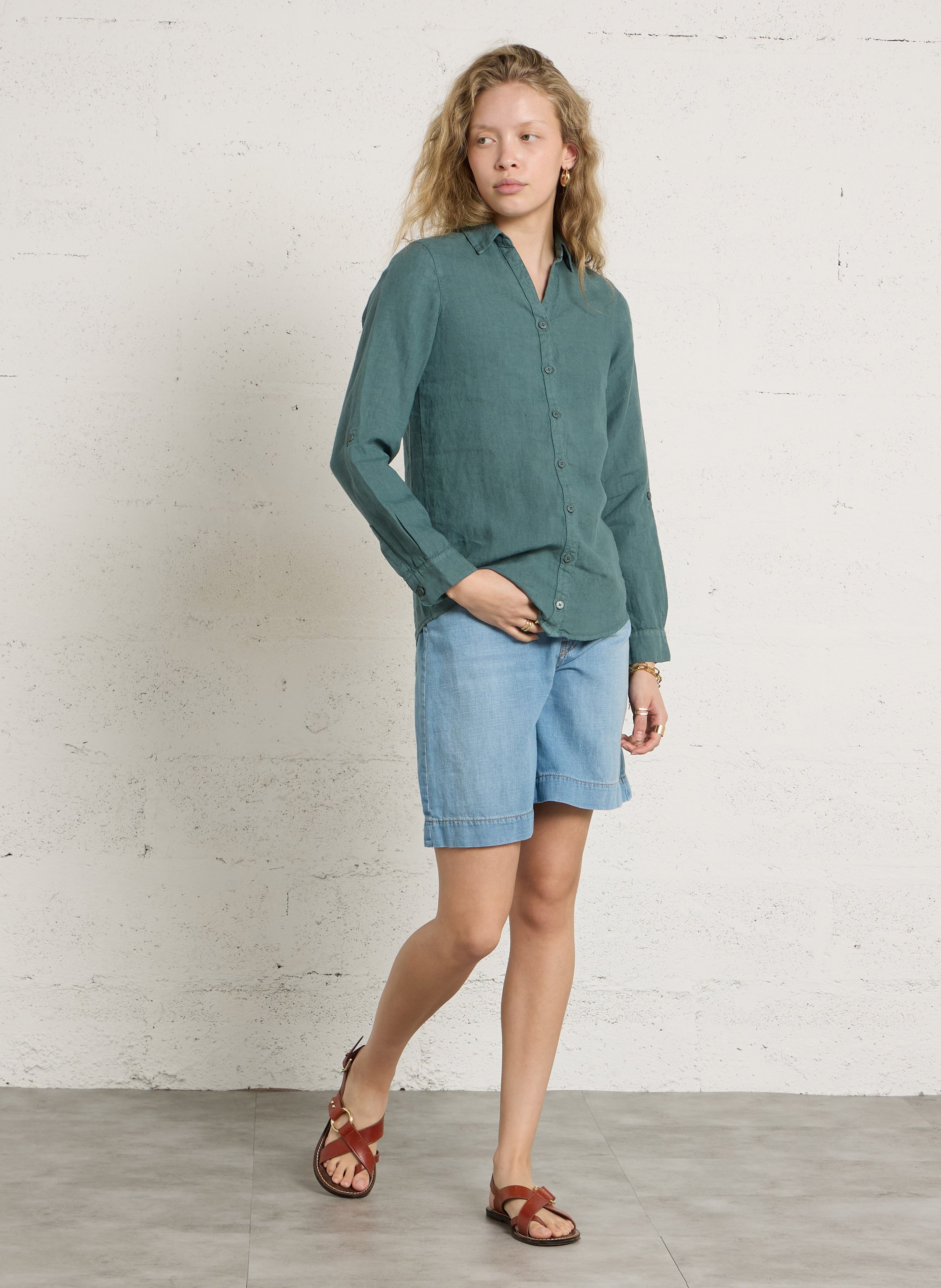 Straight V-neck linen shirt ARMOR LUX Green