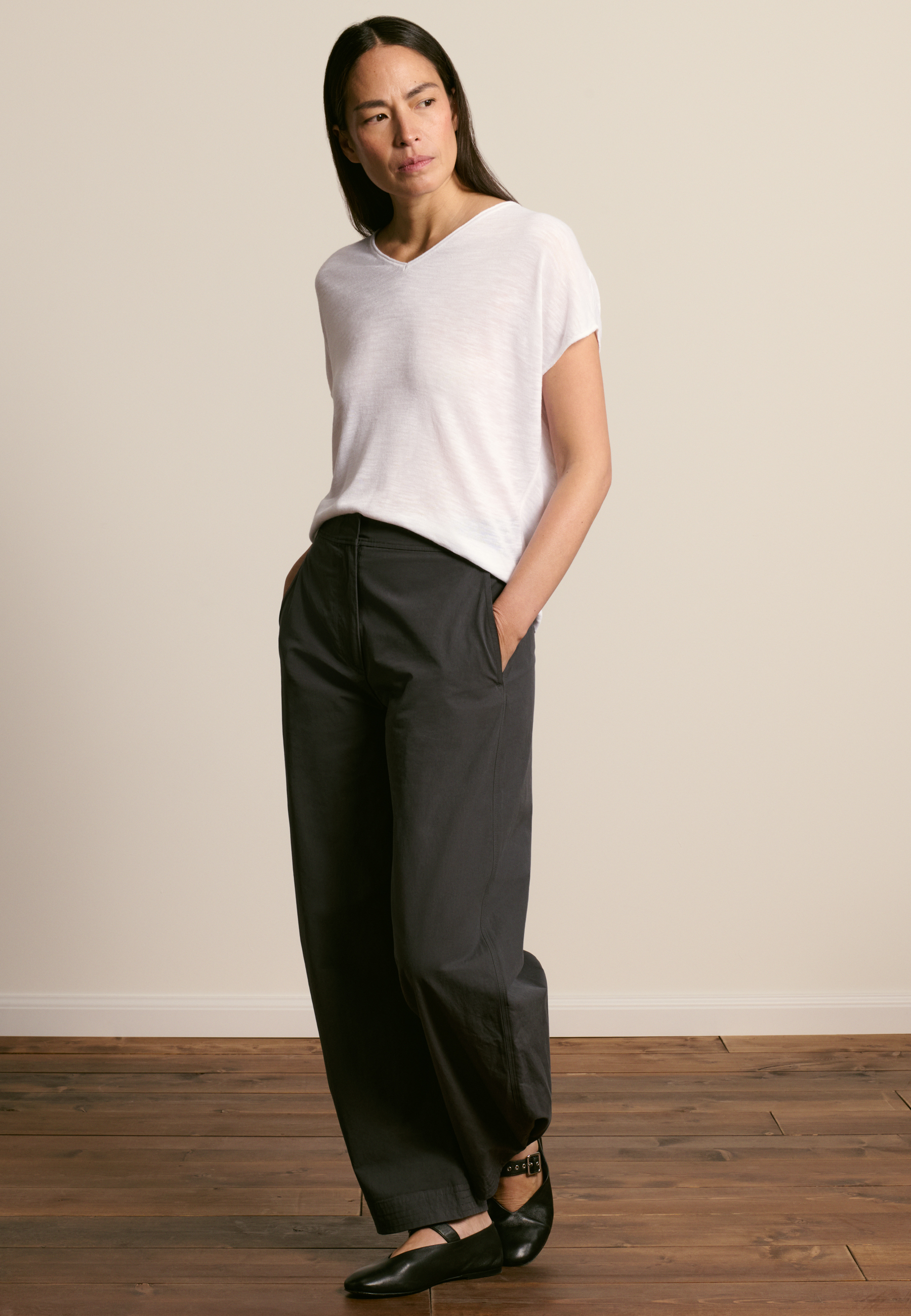 T-shirt col v en lin flammé MAISON MONTAGUT Blanc