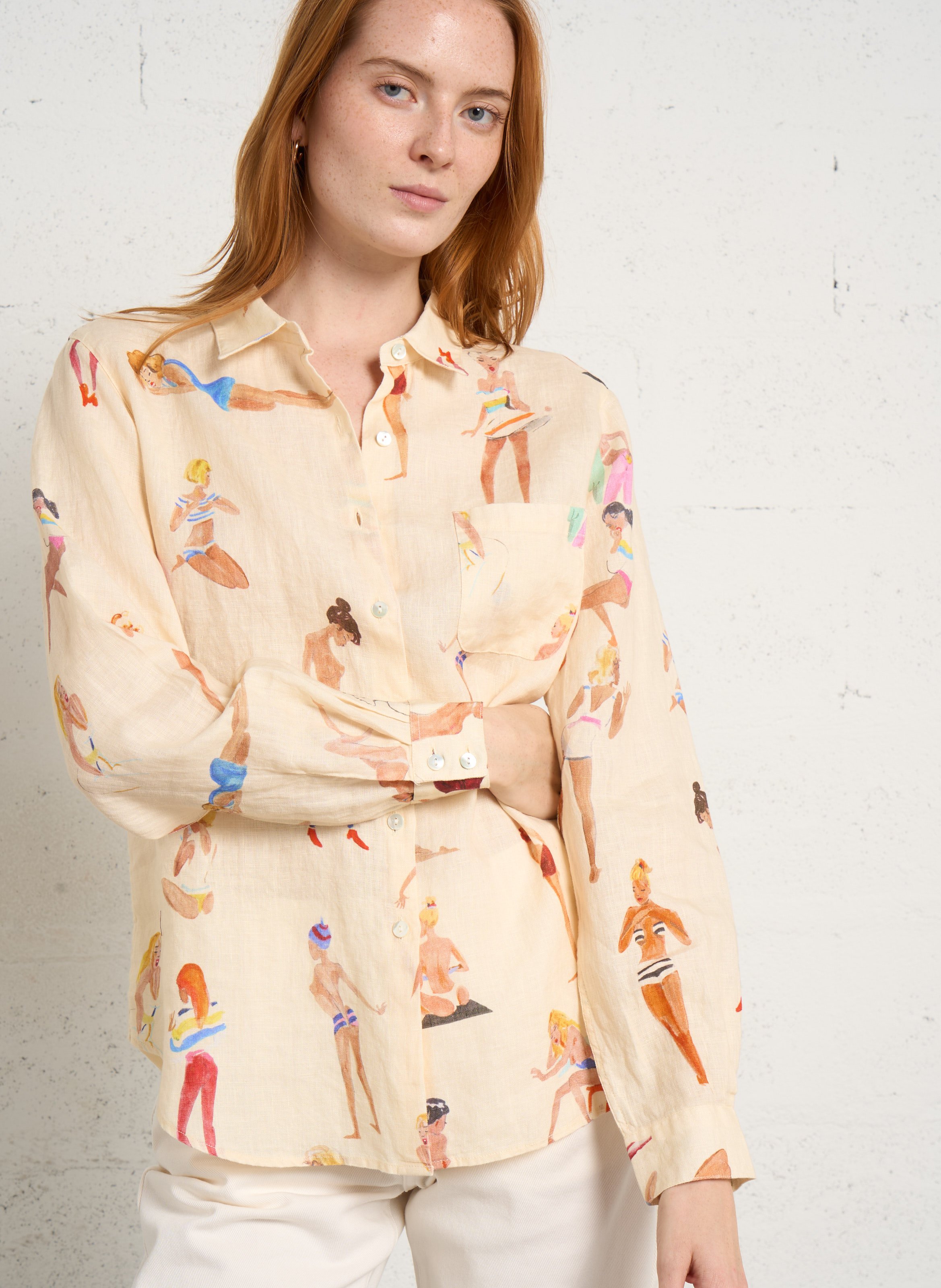 Rechte blouse met klassieke kraag en linnen print G.KERO Beige