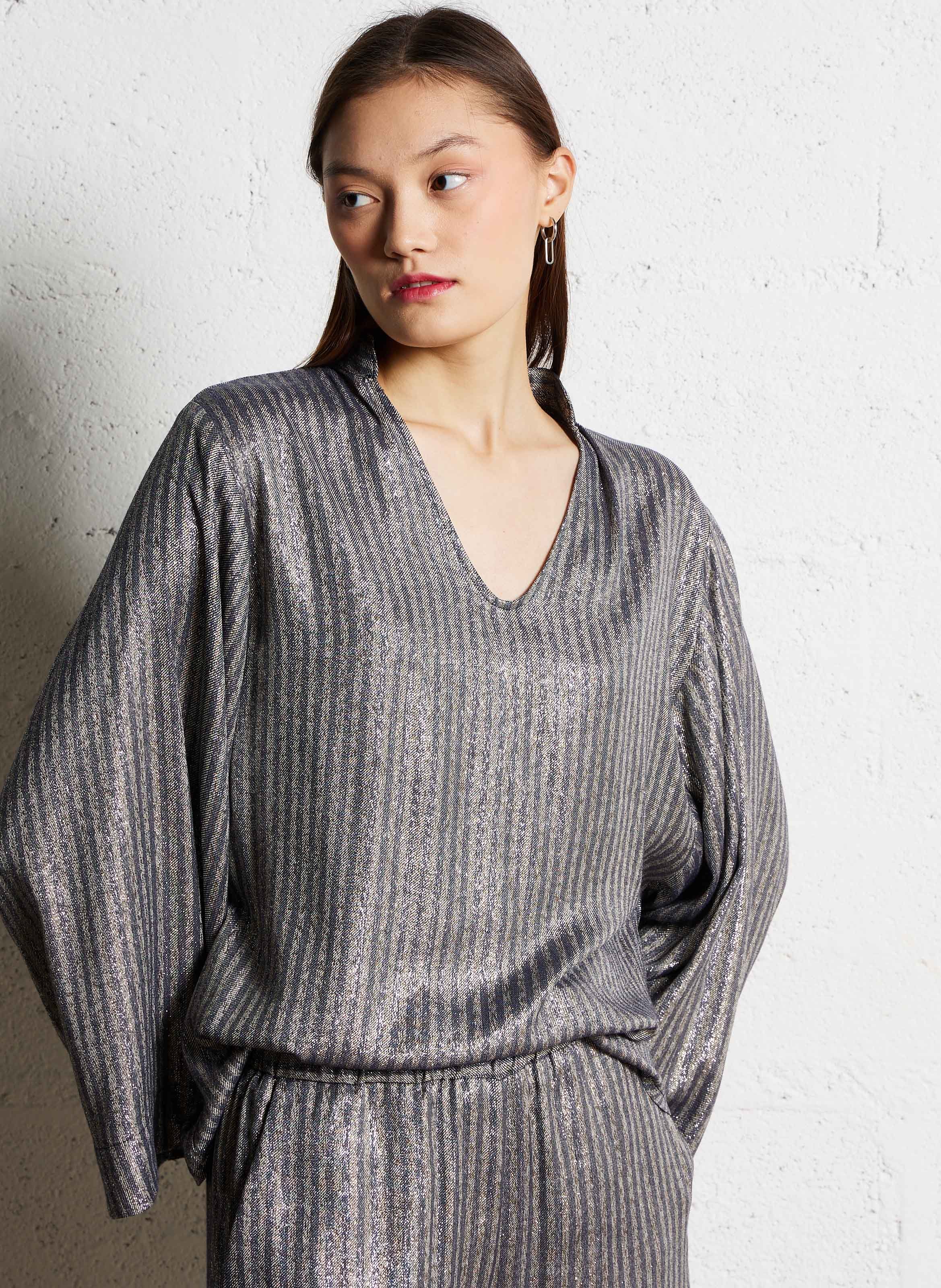 Oversized Long Sleeve Metallic Top DIEGA Beige