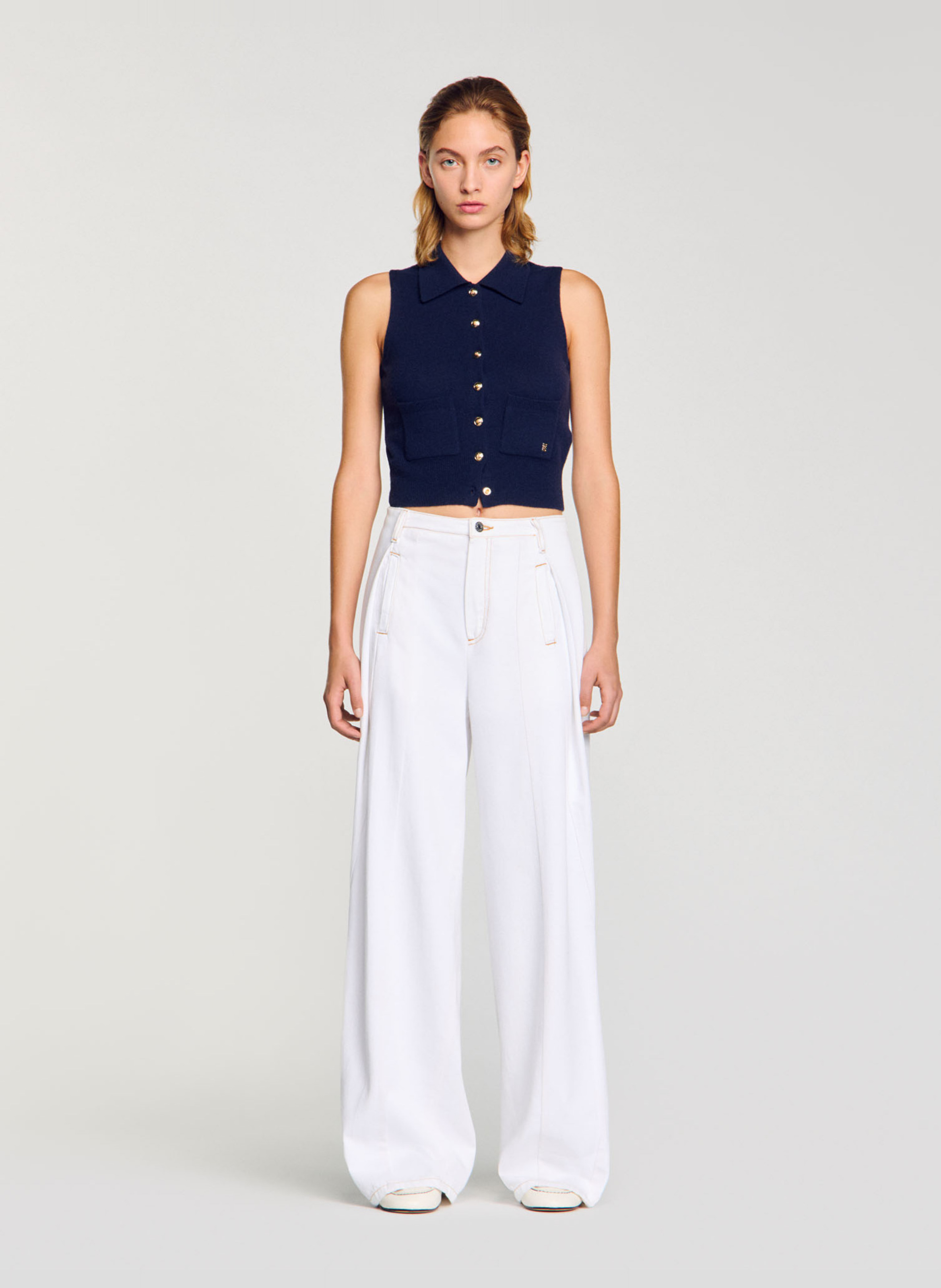 Jean large surpiqué en coton SANDRO Blanc