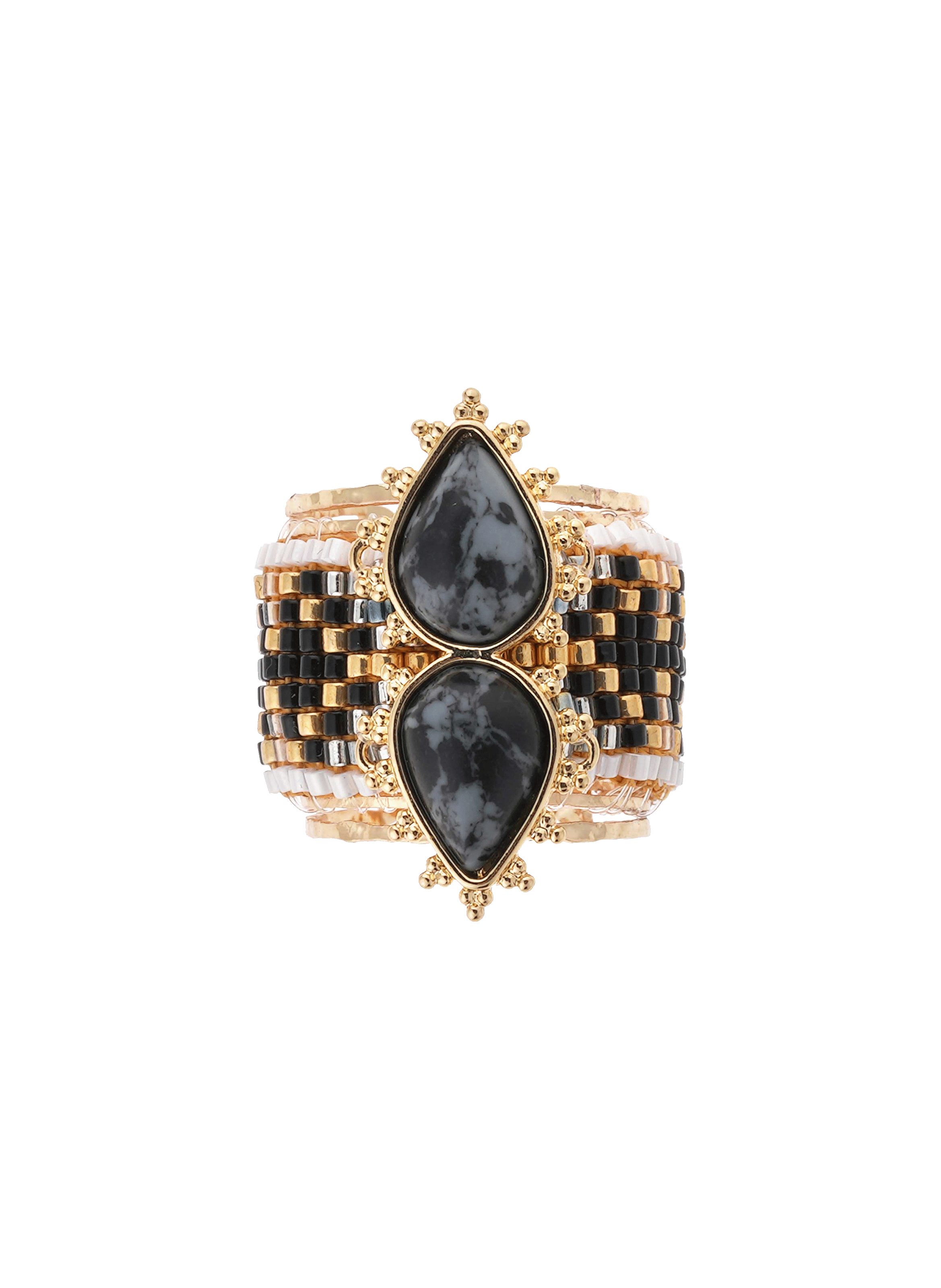 Adjustable ring with central cabochon and woven beads HIPANEMA Black