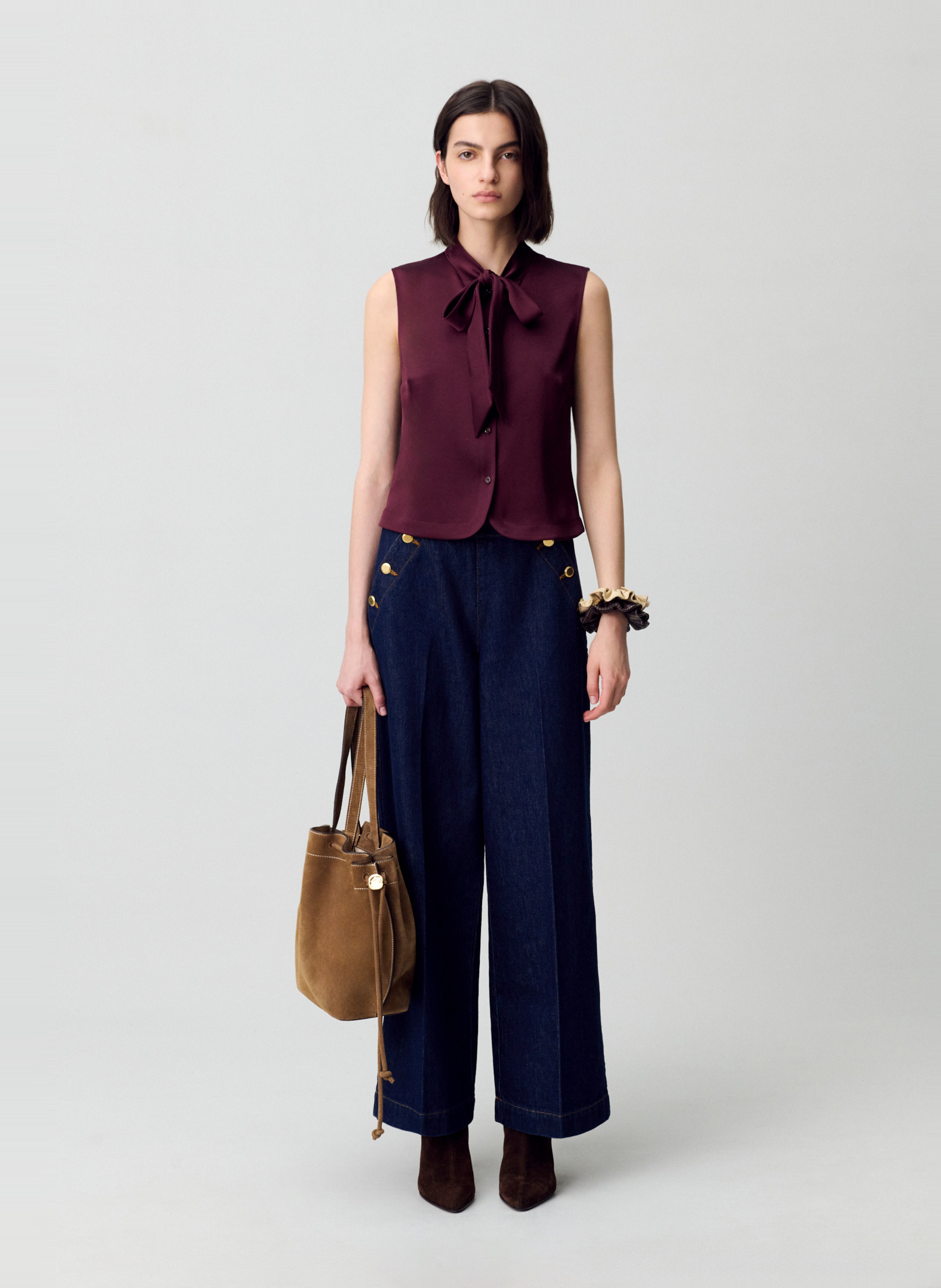 Chemise sans manches col lavallière satinée CLAUDIE PIERLOT Rouge