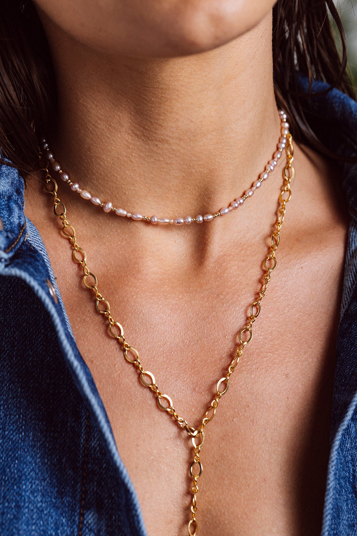 Rice grain necklace with pink pearl YAY Pink