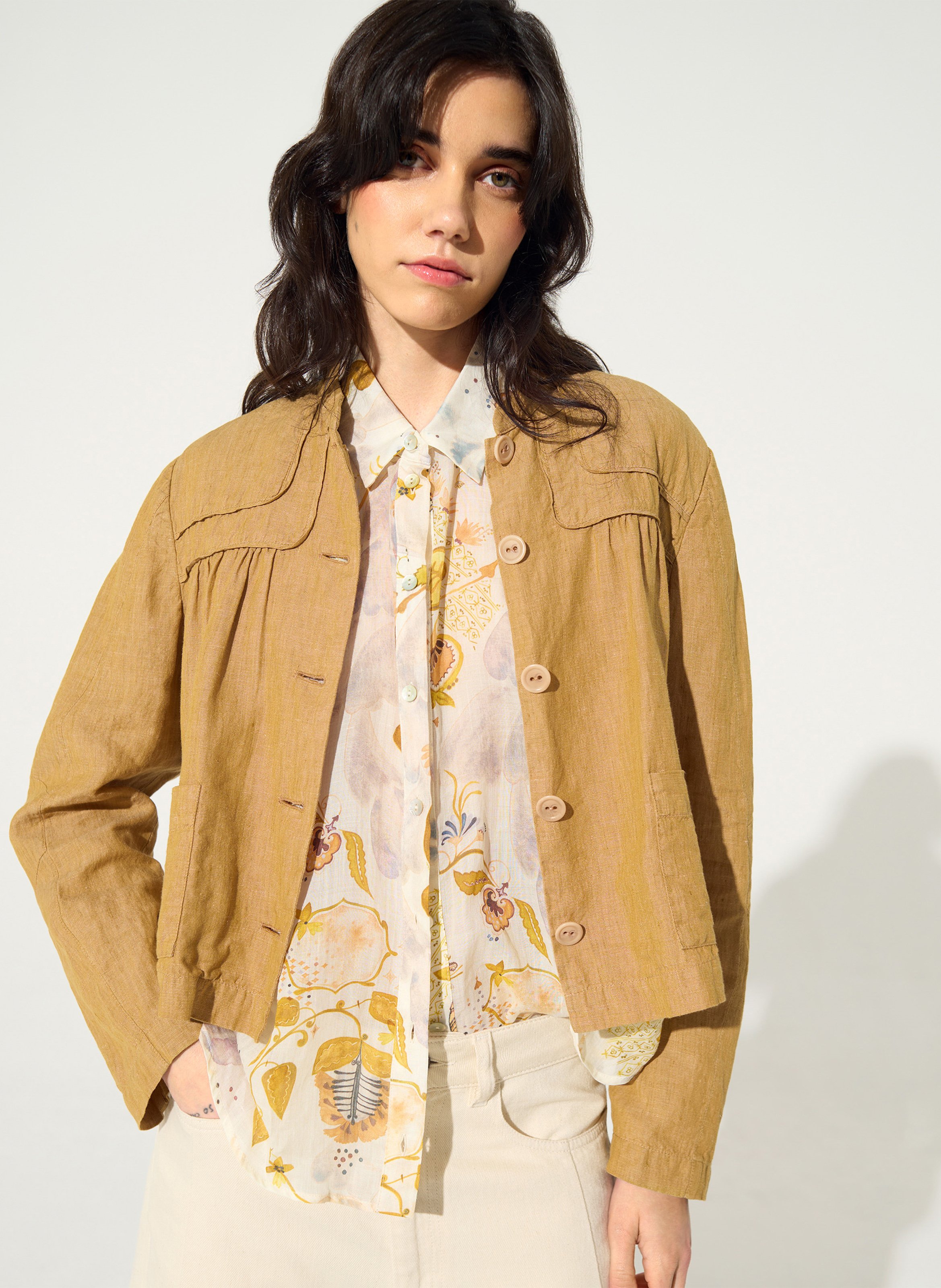 Jasje met ronde hals - linnenblend COTELAC Bruin