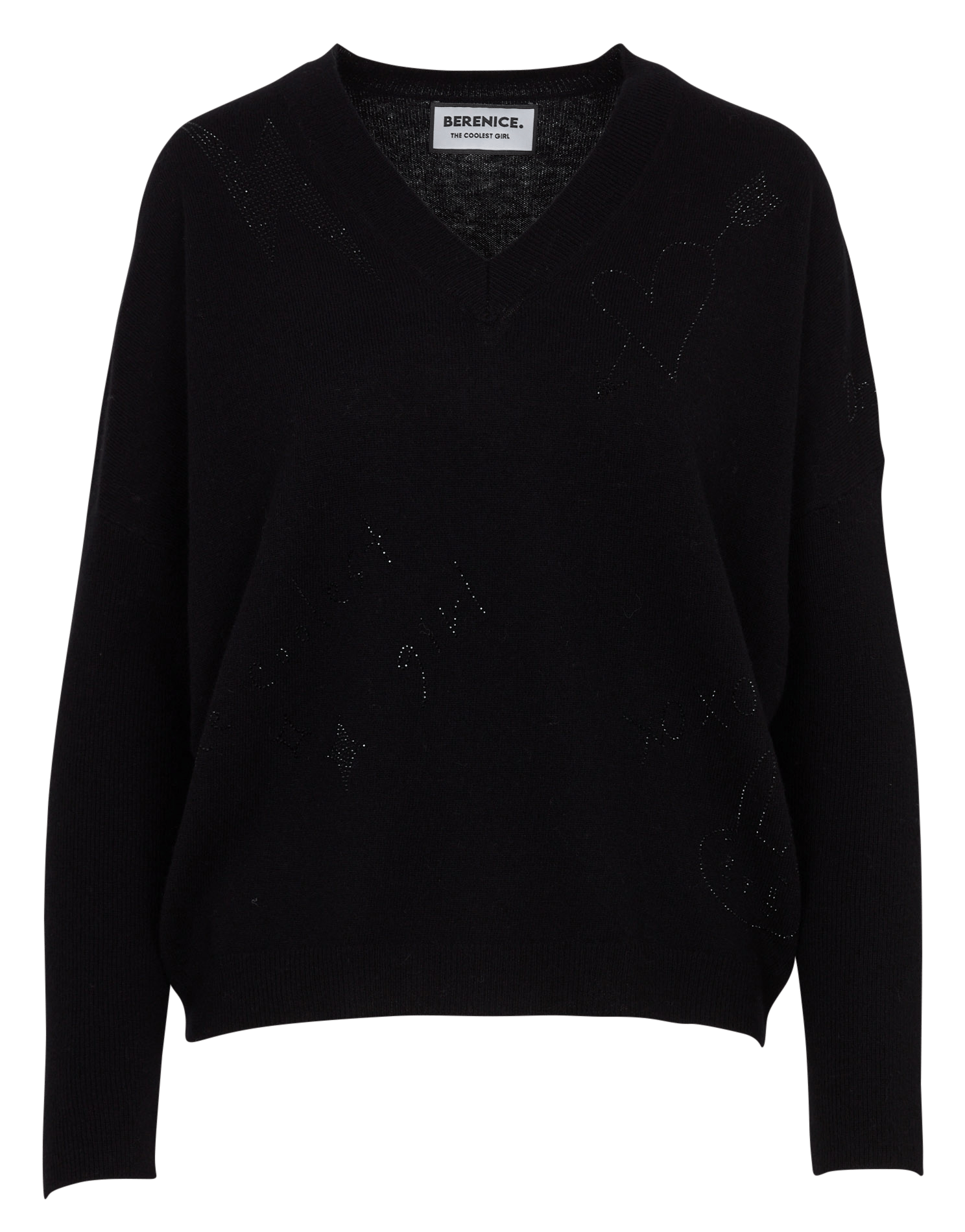 Pull ample col V à strass en laine BERENICE Noir