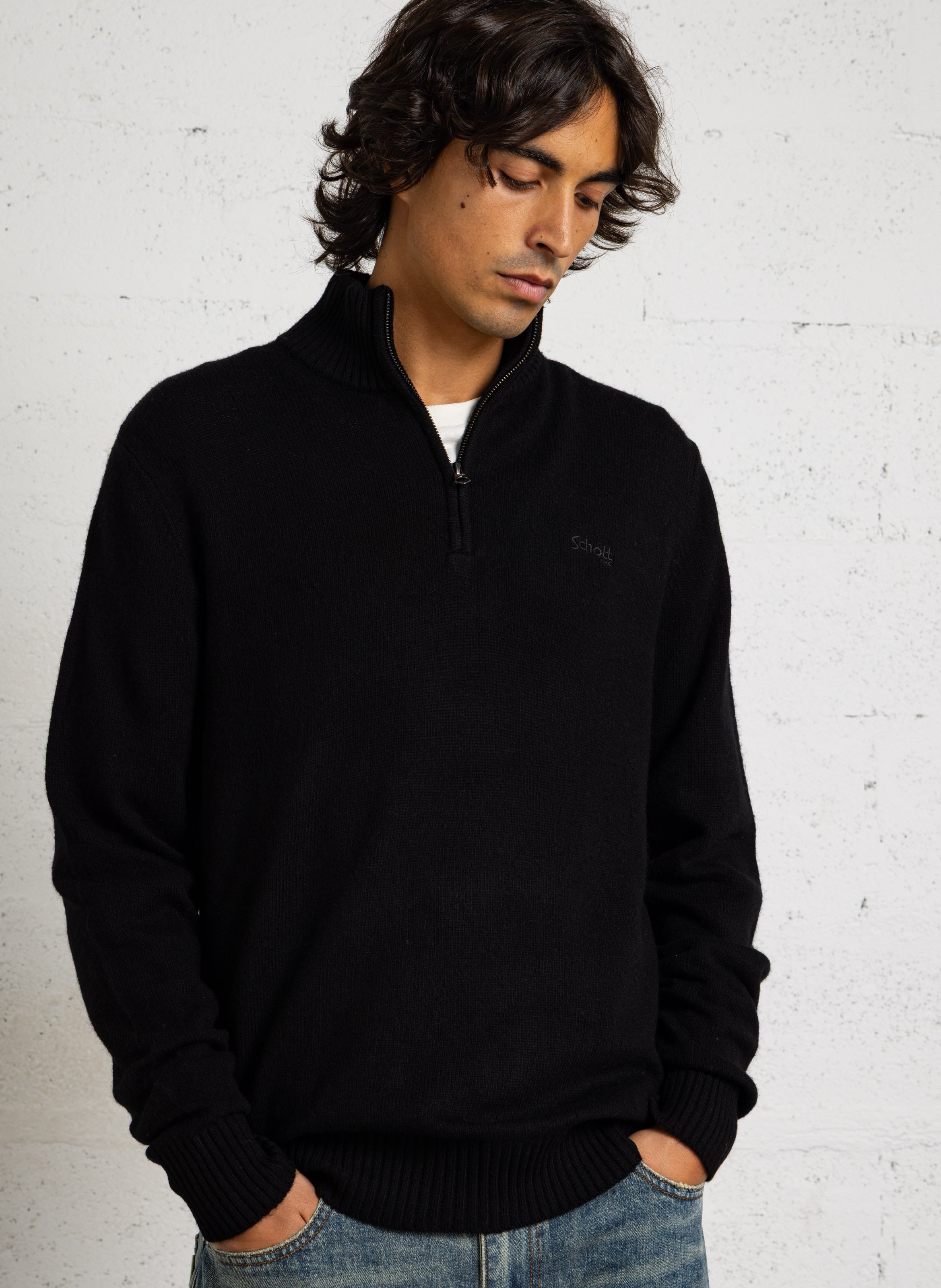 Straight wool blend high neck embroidered sweater SCHOTT Black