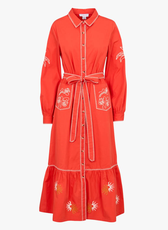 Embroidered straight belted shirt dress Red Never fully dressed - Women | Place des Tendances Embroidered straight belted shirt dress Red Never fully dressed - Women | Place des Tendances