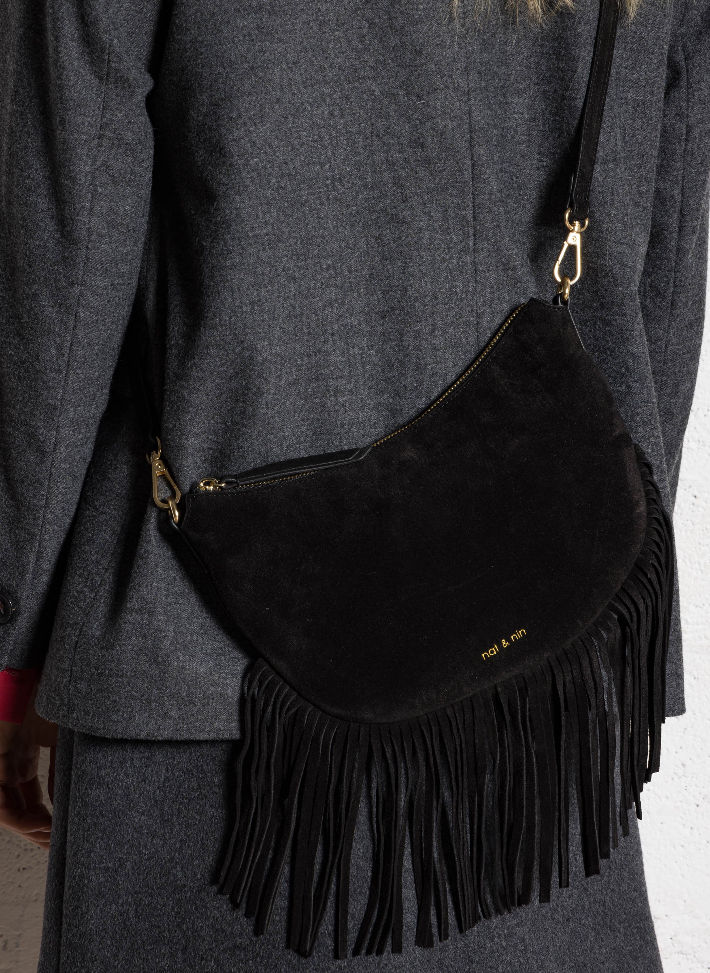 Sac bandoulière à franges en cuir NAT & NIN Noir