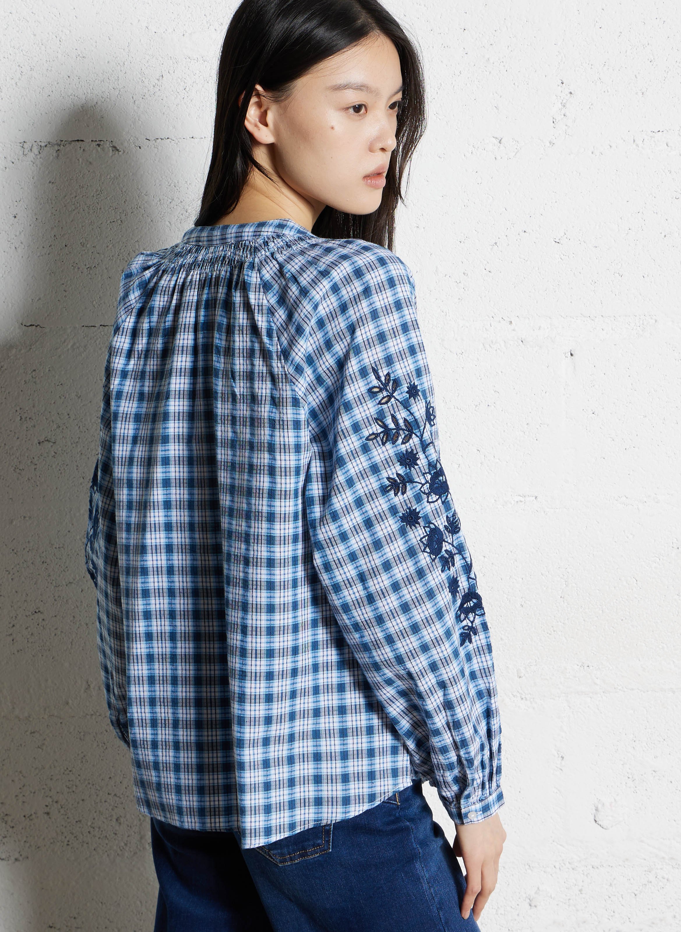 Chemisier ample col tunisien en coton Bleu