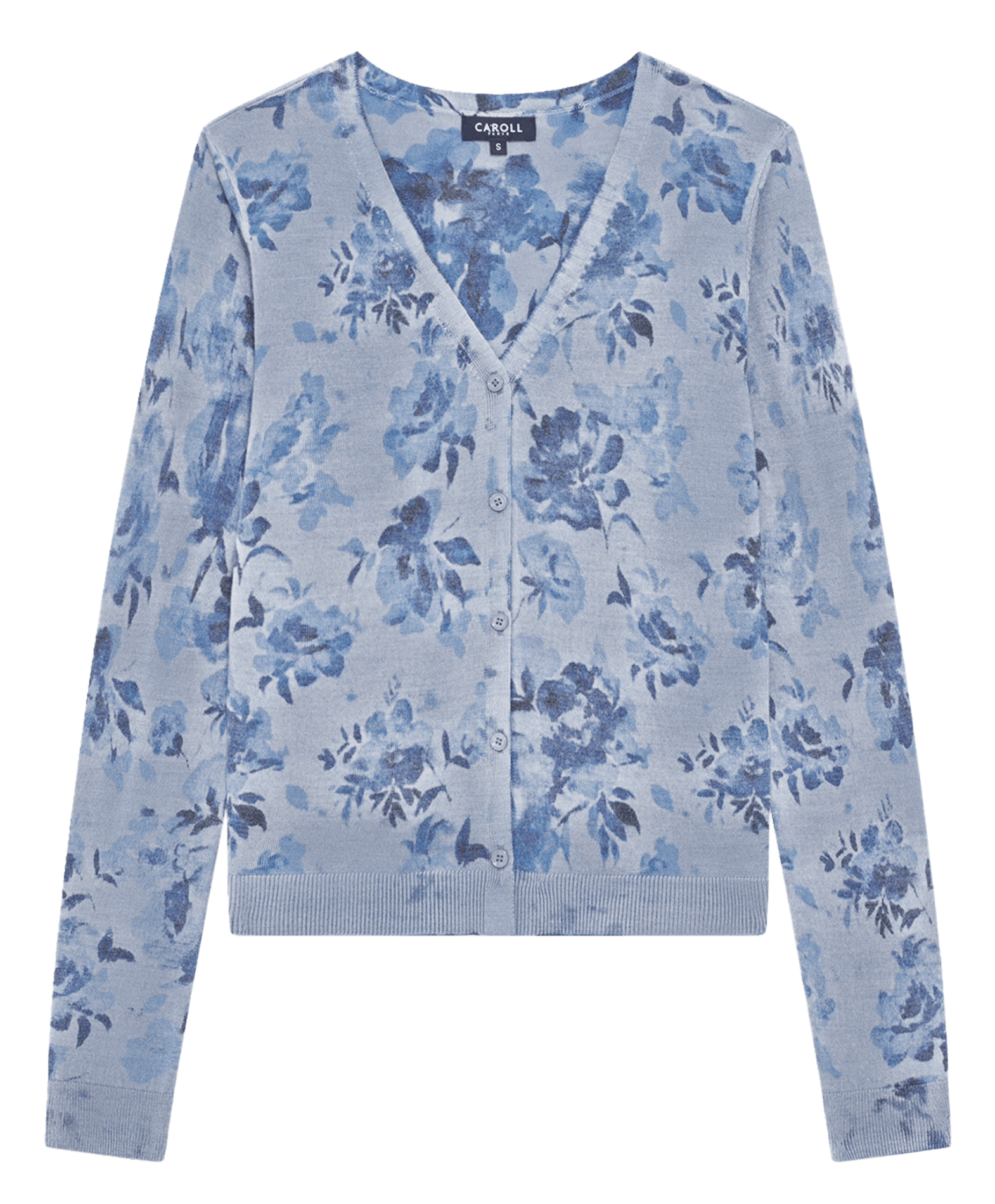 Gerader Strickweste mit V-Ausschnitt aus bedruckter Wollmischung. CAROLL Blau