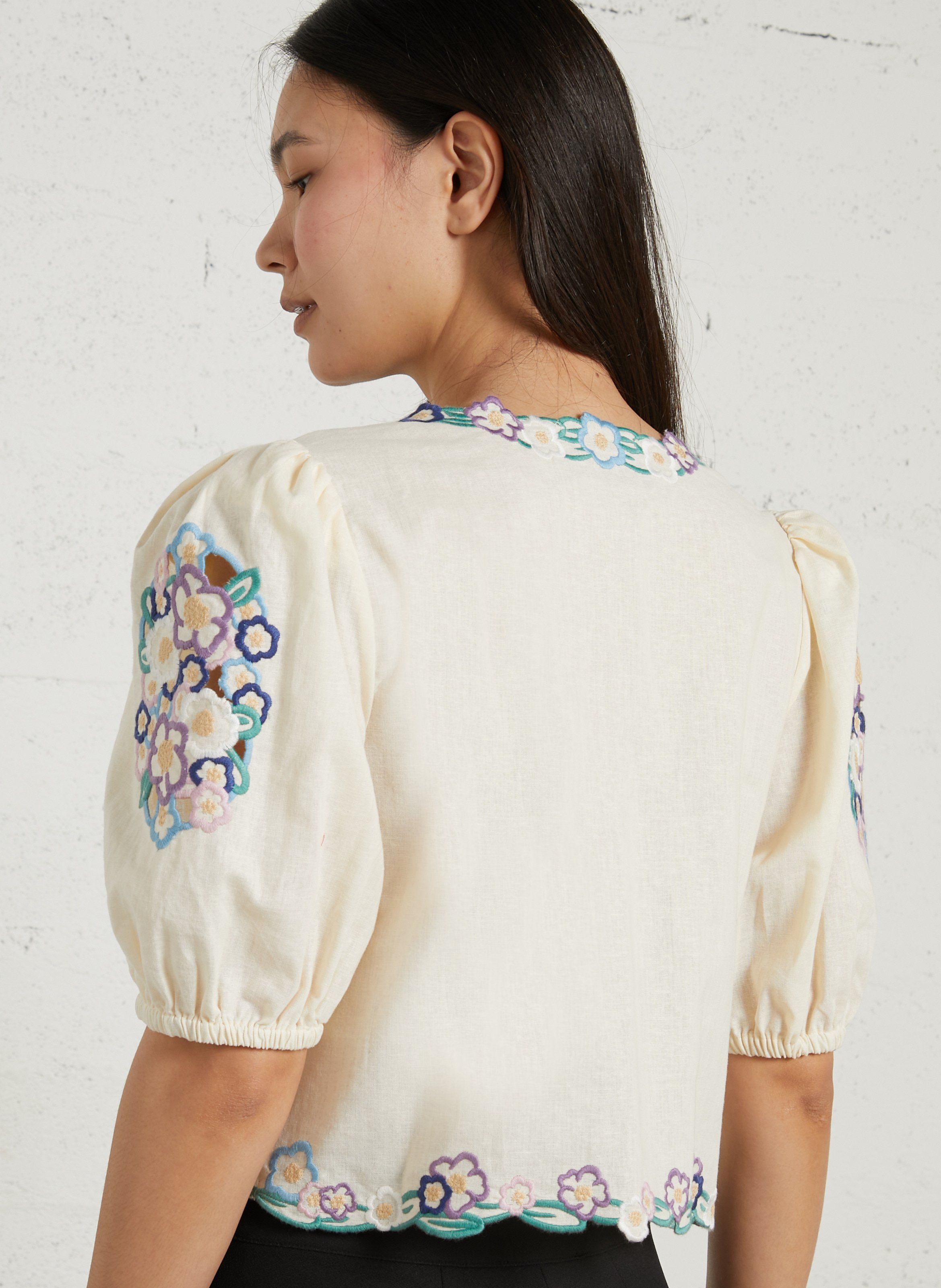 Oversized V-neck top in linen and cotton with embroidery BERENICE White