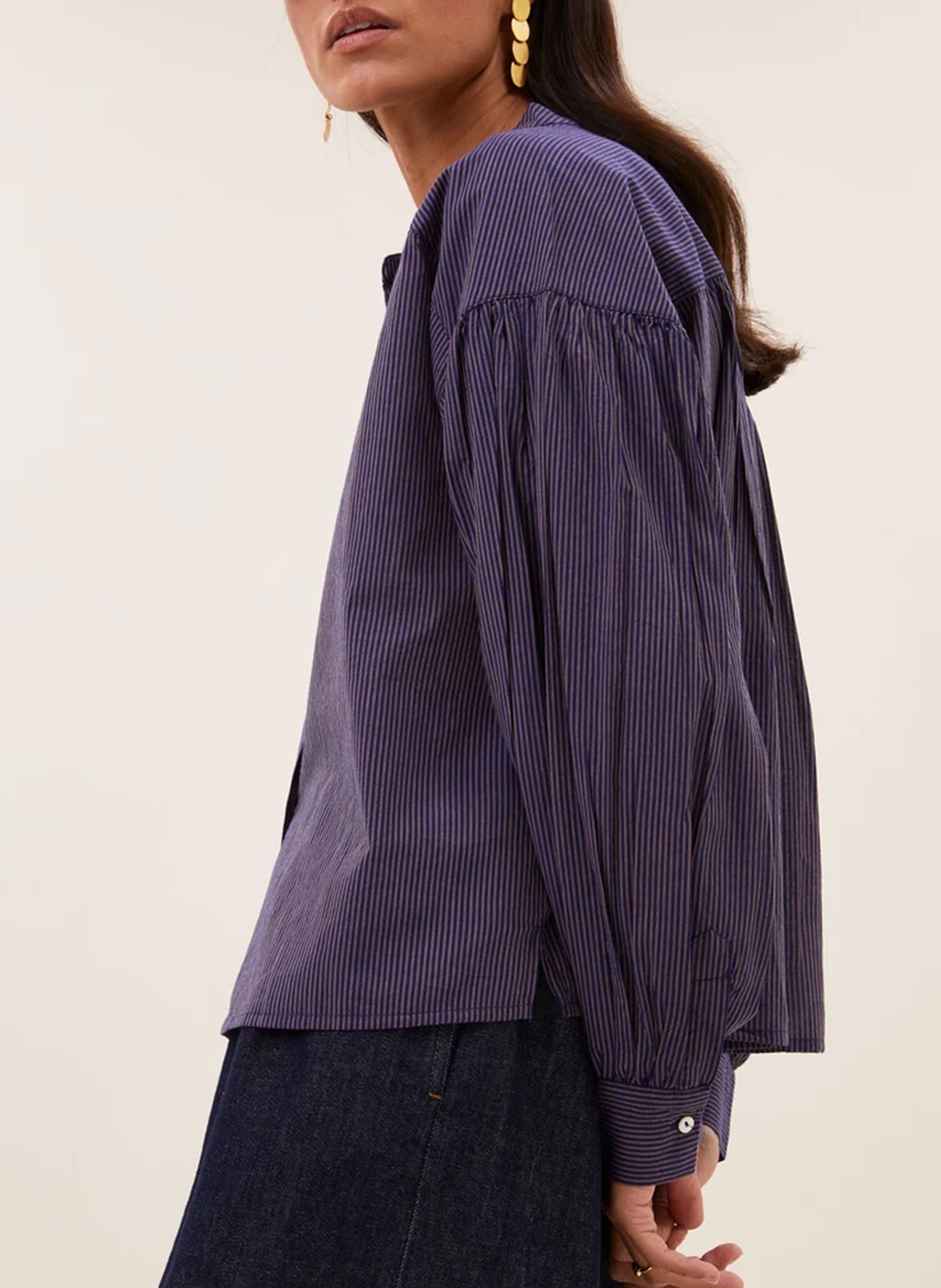Blouse droite col rond rayée en coton bio BY BAR Prune